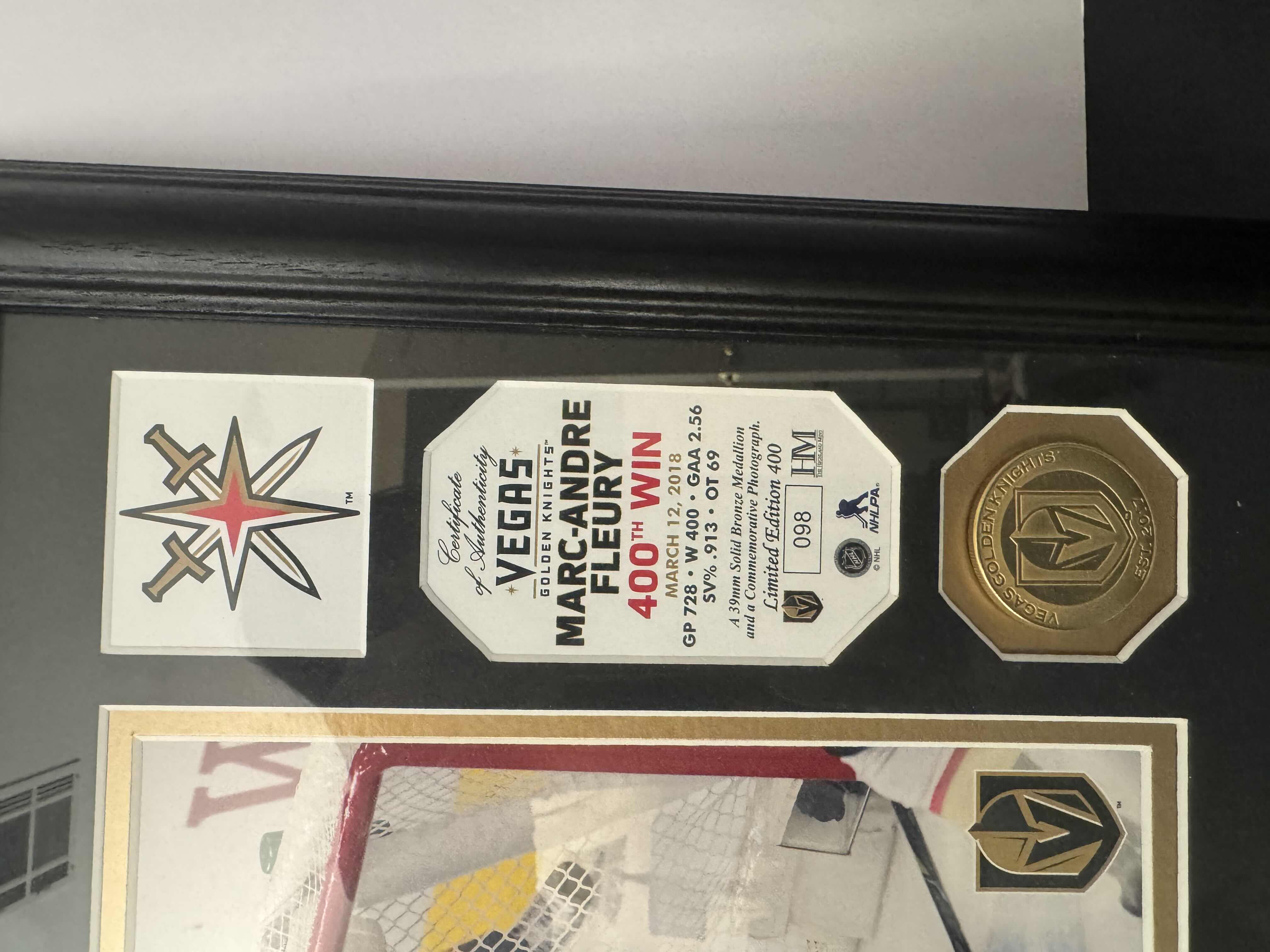 Photo 2 of FRAMED FLEURY FOR 400th WIN 16” X 13” ARTWORK CERTIFICATE OF AUTHENTICITY, NUMBERED 98/400