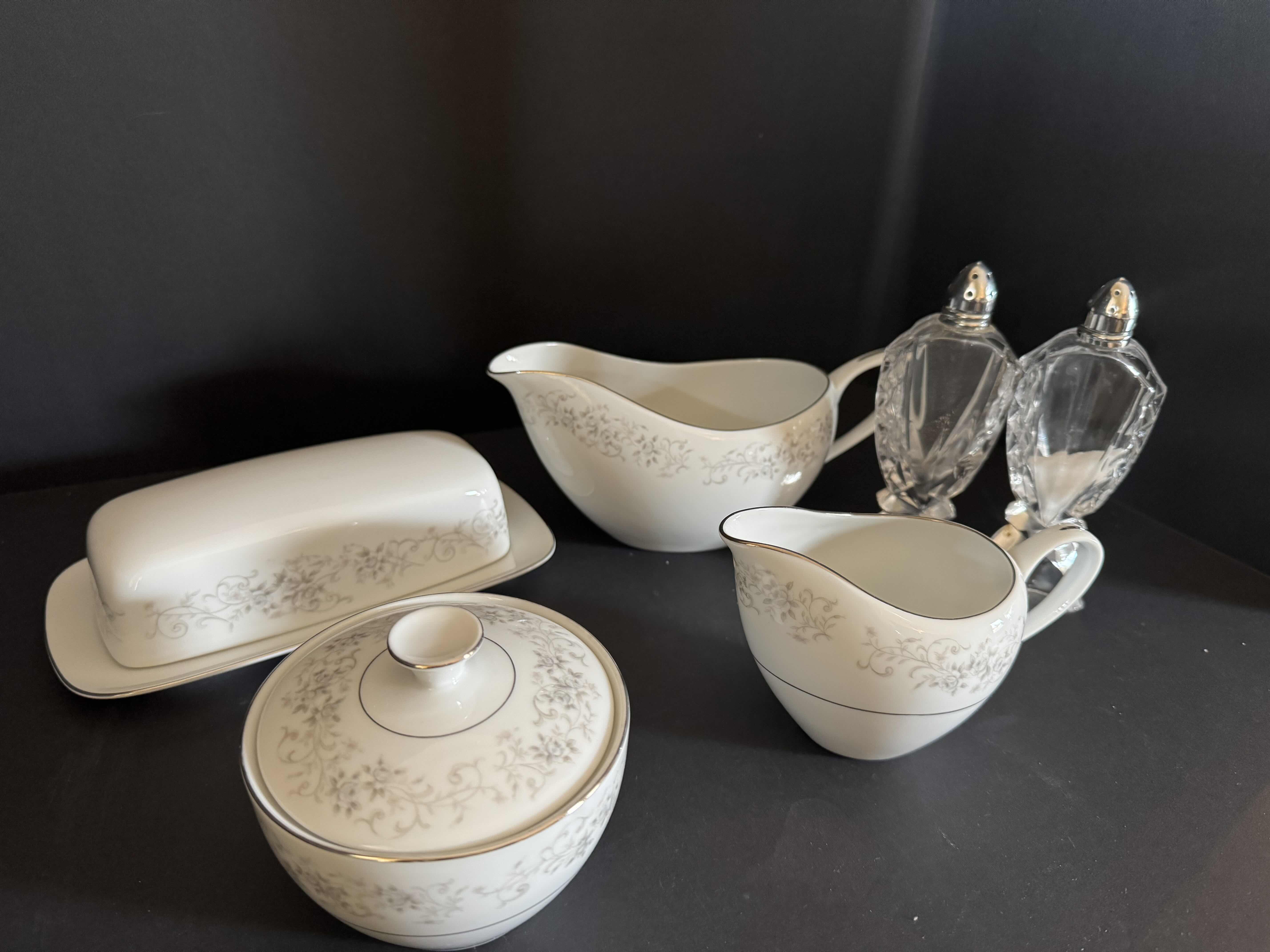 Photo 1 of 4 PIECES OF CAROUSEL BY CAMELOT CHINA 1315 AND A SET OF CRYSTAL SALT AND PEPPER SHAKERS