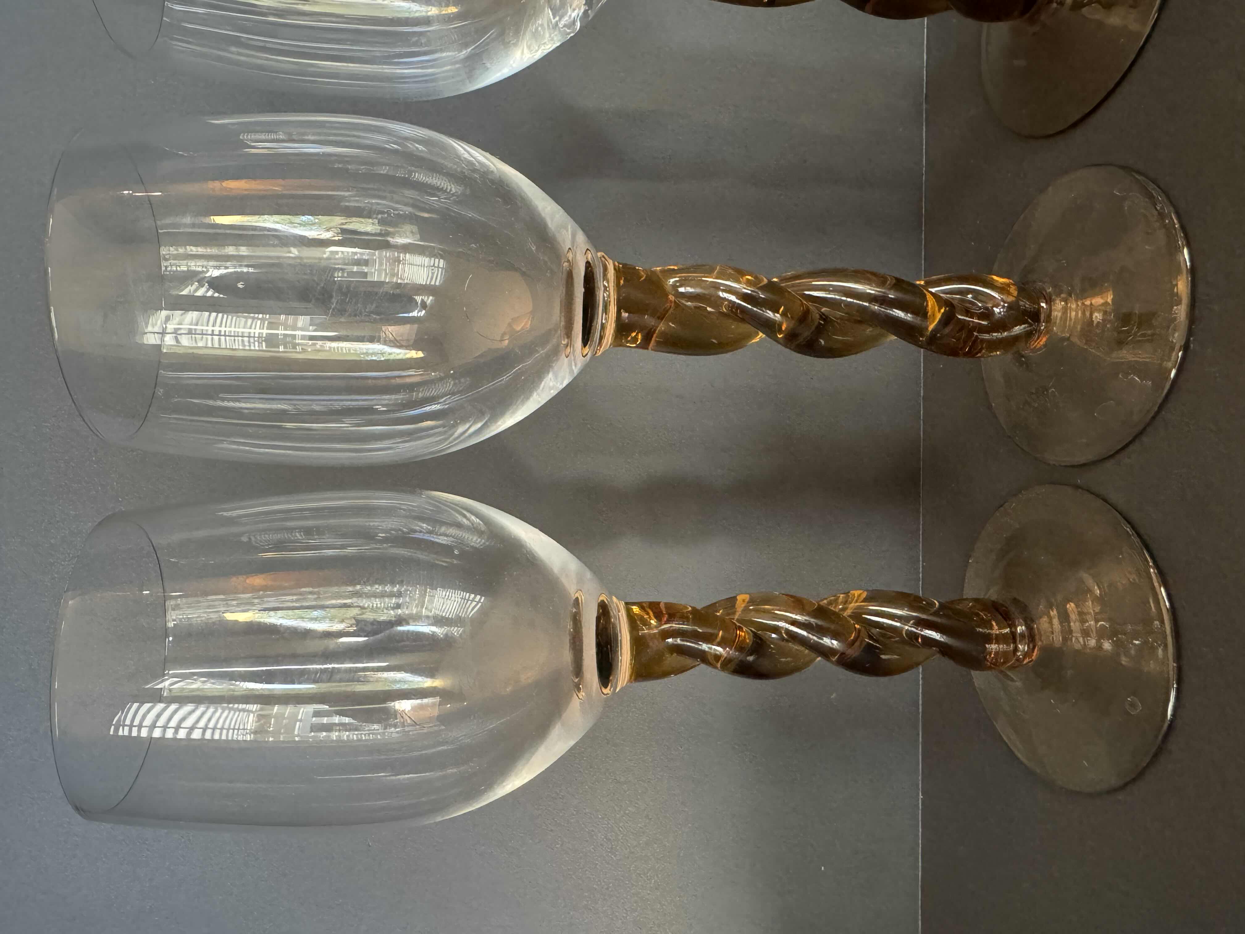 Photo 1 of 5-VINTAGE (1960s) TWISTED AMBER STEMMED WINE GOBLETS