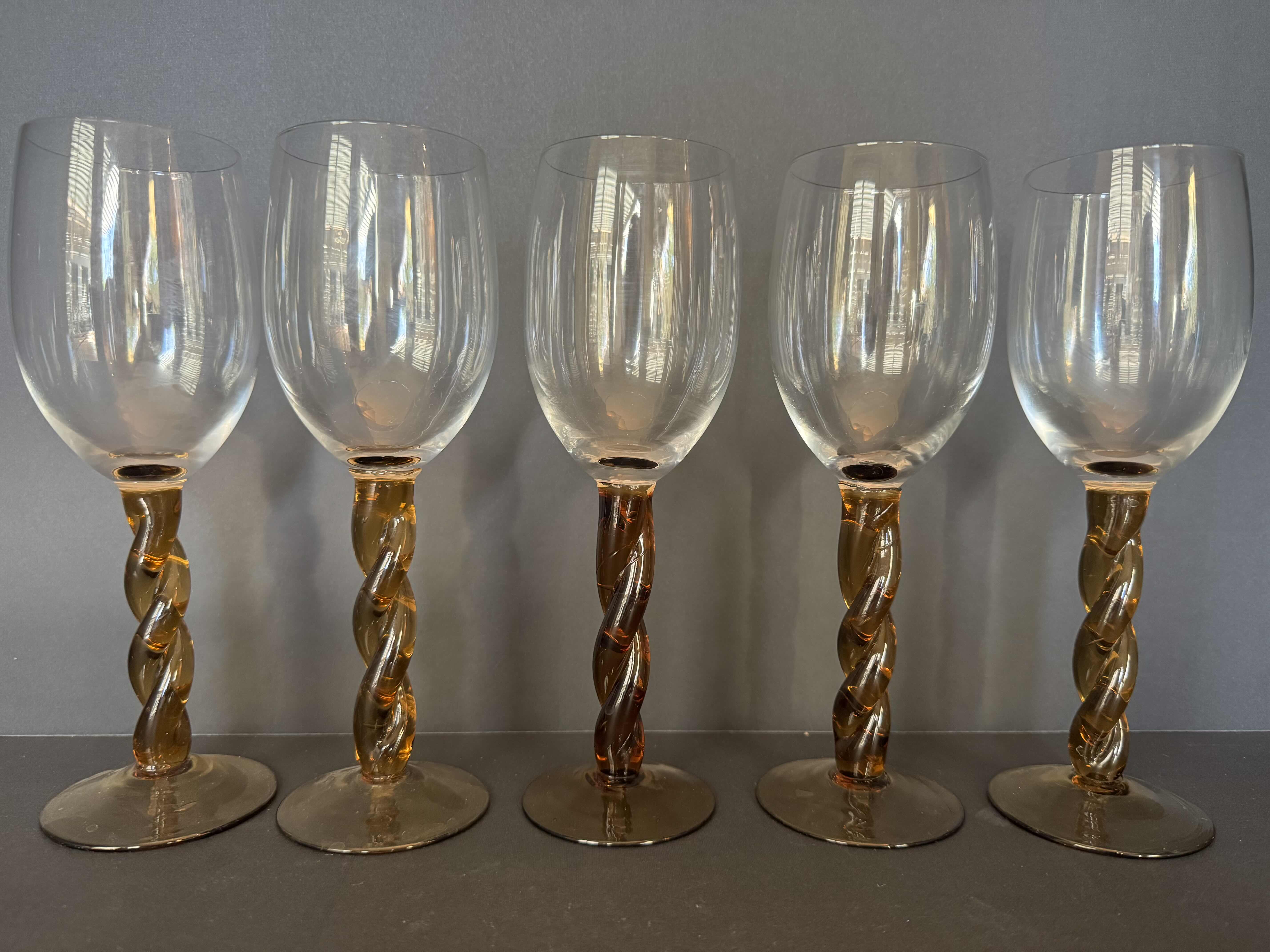 Photo 1 of 5-VINTAGE (1960s) TWISTED AMBER STEMMED WINE GOBLETS