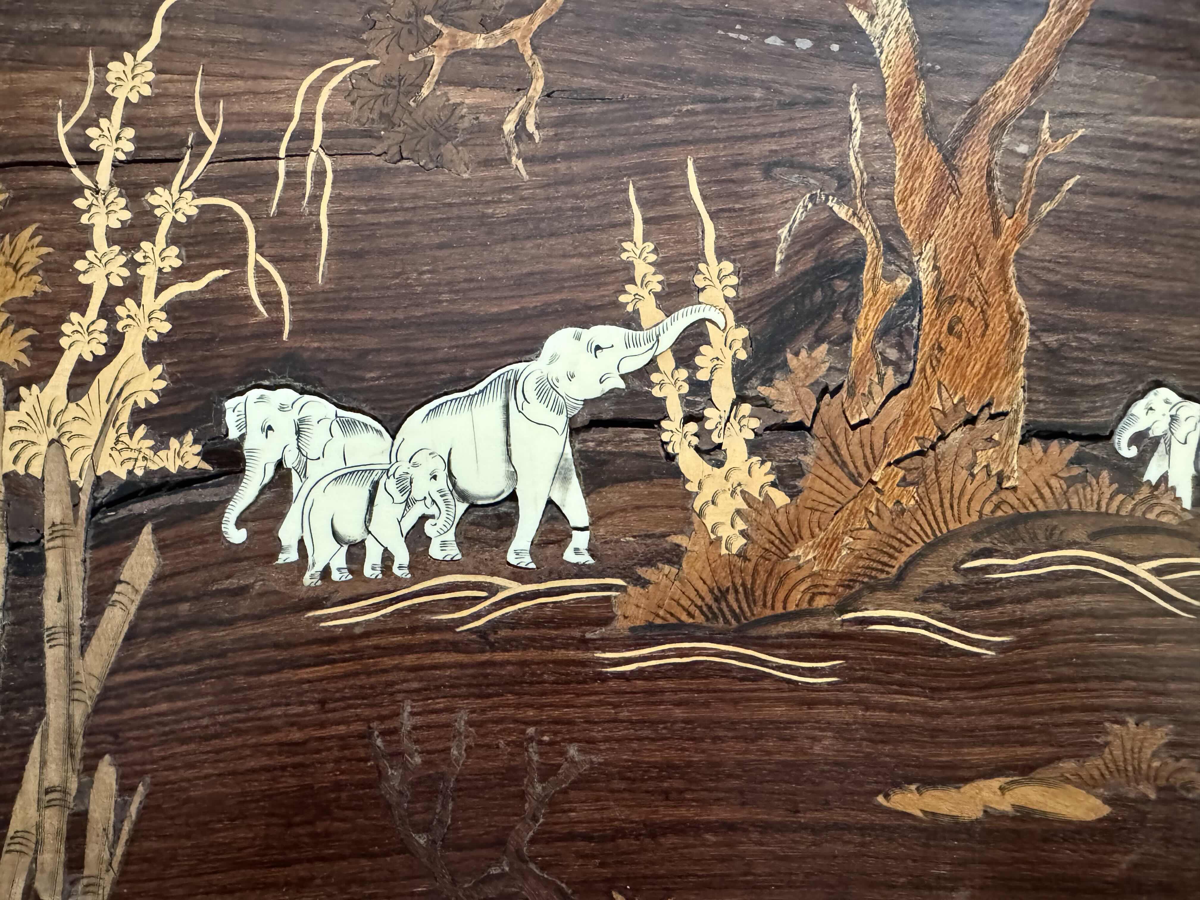 Photo 1 of ELEPHANTS UNDER THE TREE WOODEN TABLETOP, WOOD CARVING ARTWORK 
19.5”H X 40”L