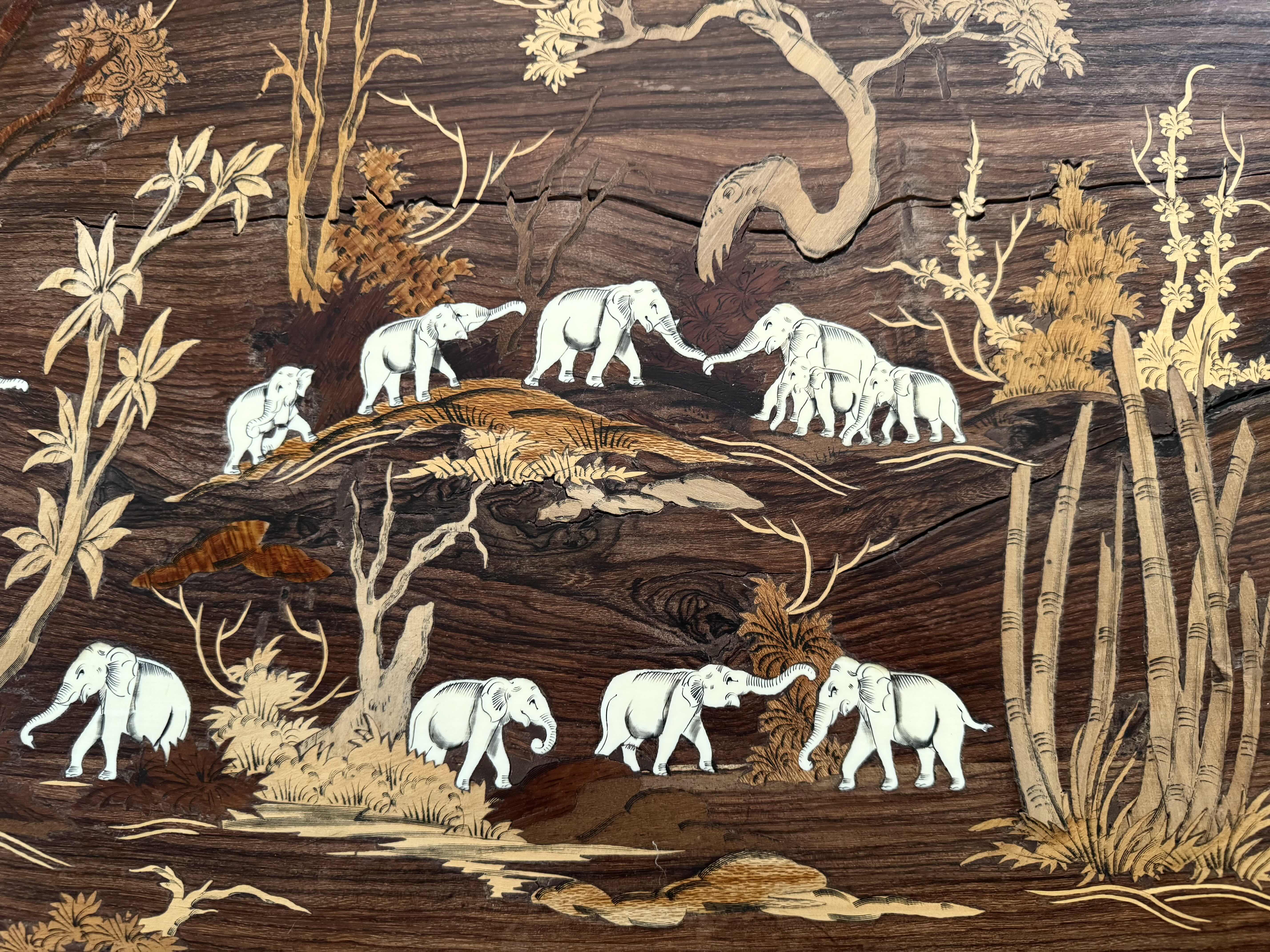 Photo 3 of ELEPHANTS UNDER THE TREE WOODEN TABLETOP, WOOD CARVING ARTWORK 
19.5”H X 40”L