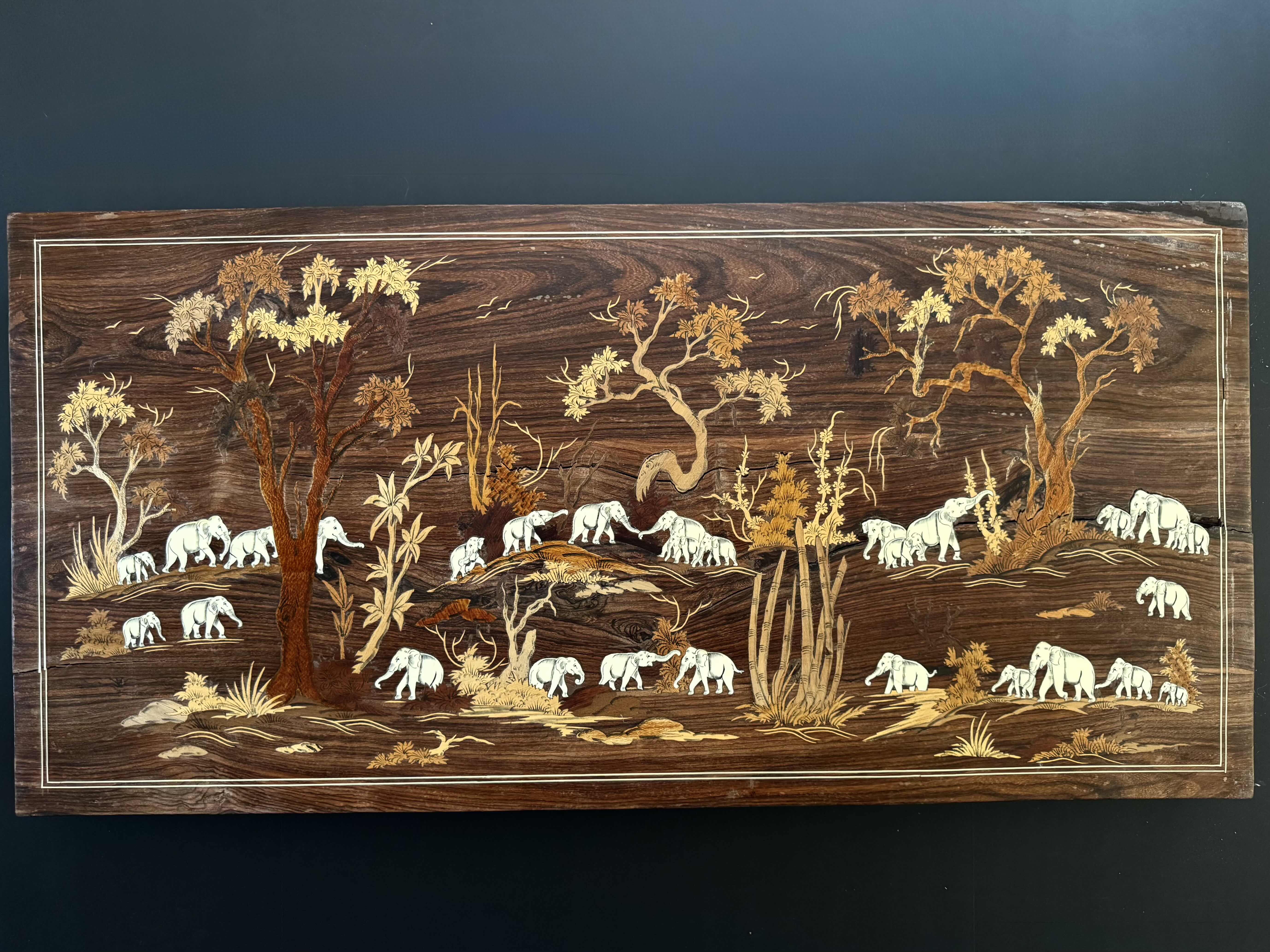 Photo 1 of ELEPHANTS UNDER THE TREE WOODEN TABLETOP, WOOD CARVING ARTWORK 
19.5”H X 40”L