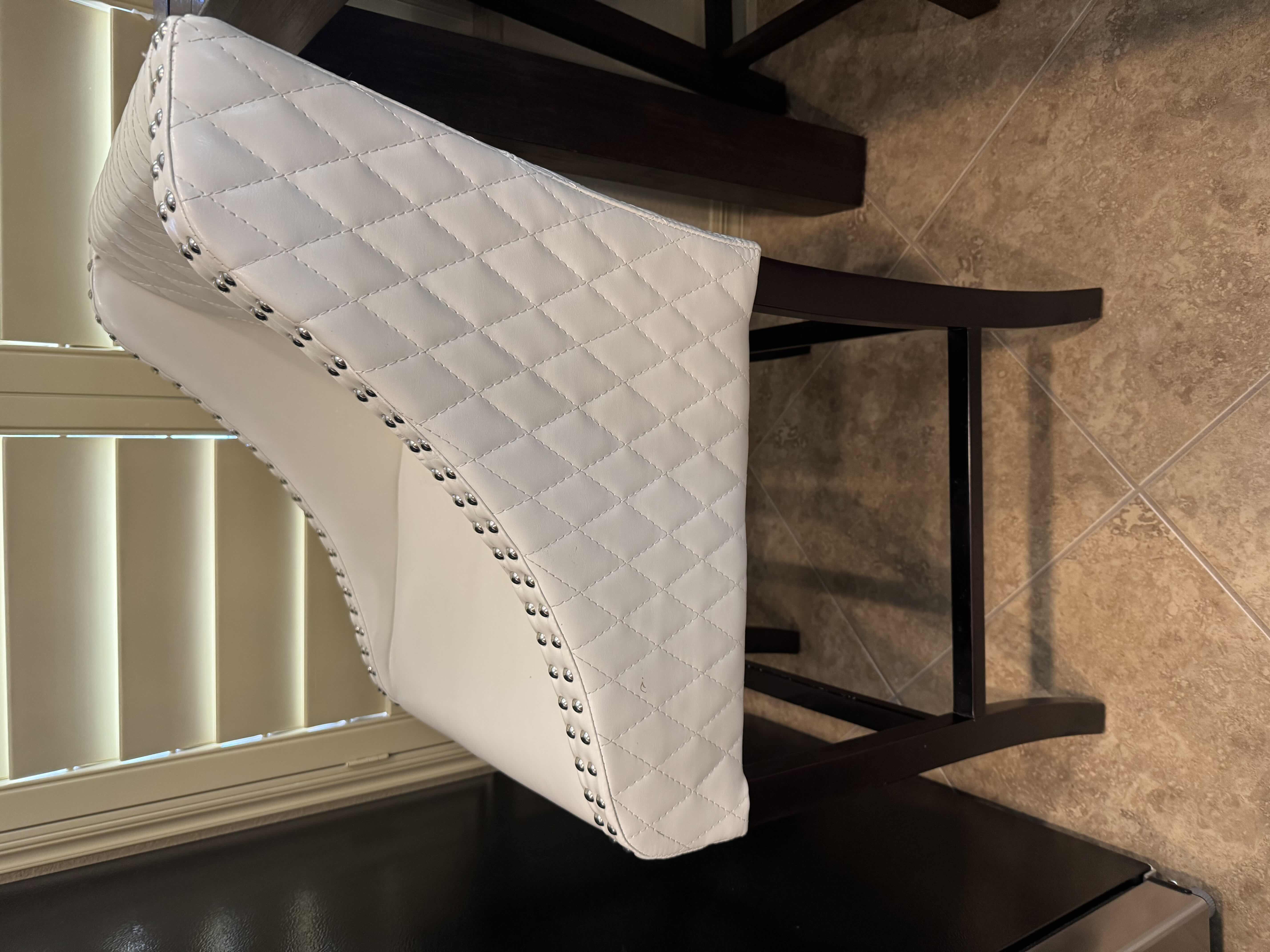 Photo 1 of COUNTER HEIGHT WHITE QUILTED "CHRISTOPHER KNIGHT" LEATHER BARSTOOL CHAIRS. (1OF 2 IN SET, SOLD SEPARATLEY), 28"H