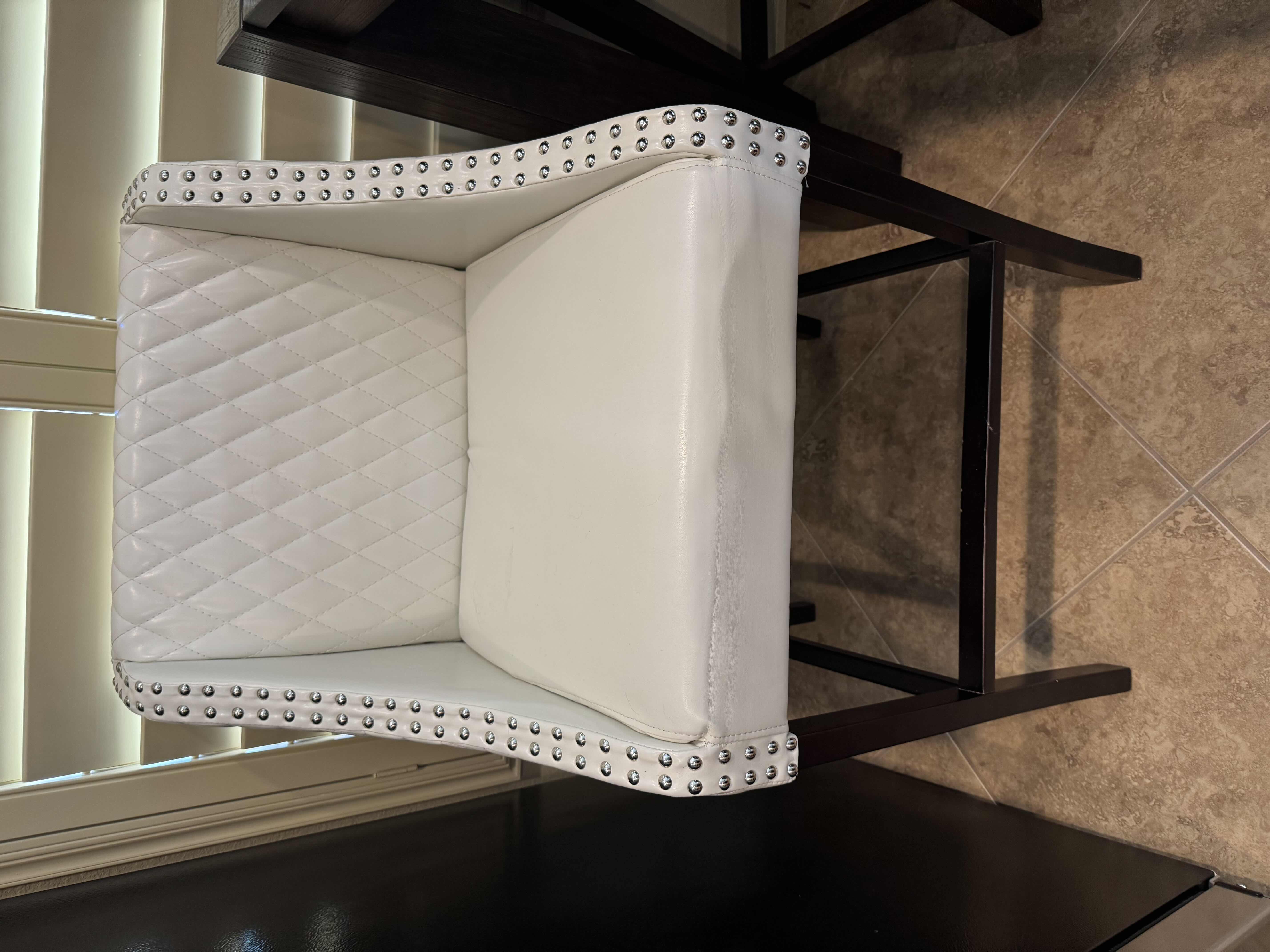 Photo 1 of COUNTER HEIGHT WHITE QUILTED "CHRISTOPHER KNIGHT" LEATHER BARSTOOL CHAIRS. (1OF 2 IN SET, SOLD SEPARATLEY), 28"H