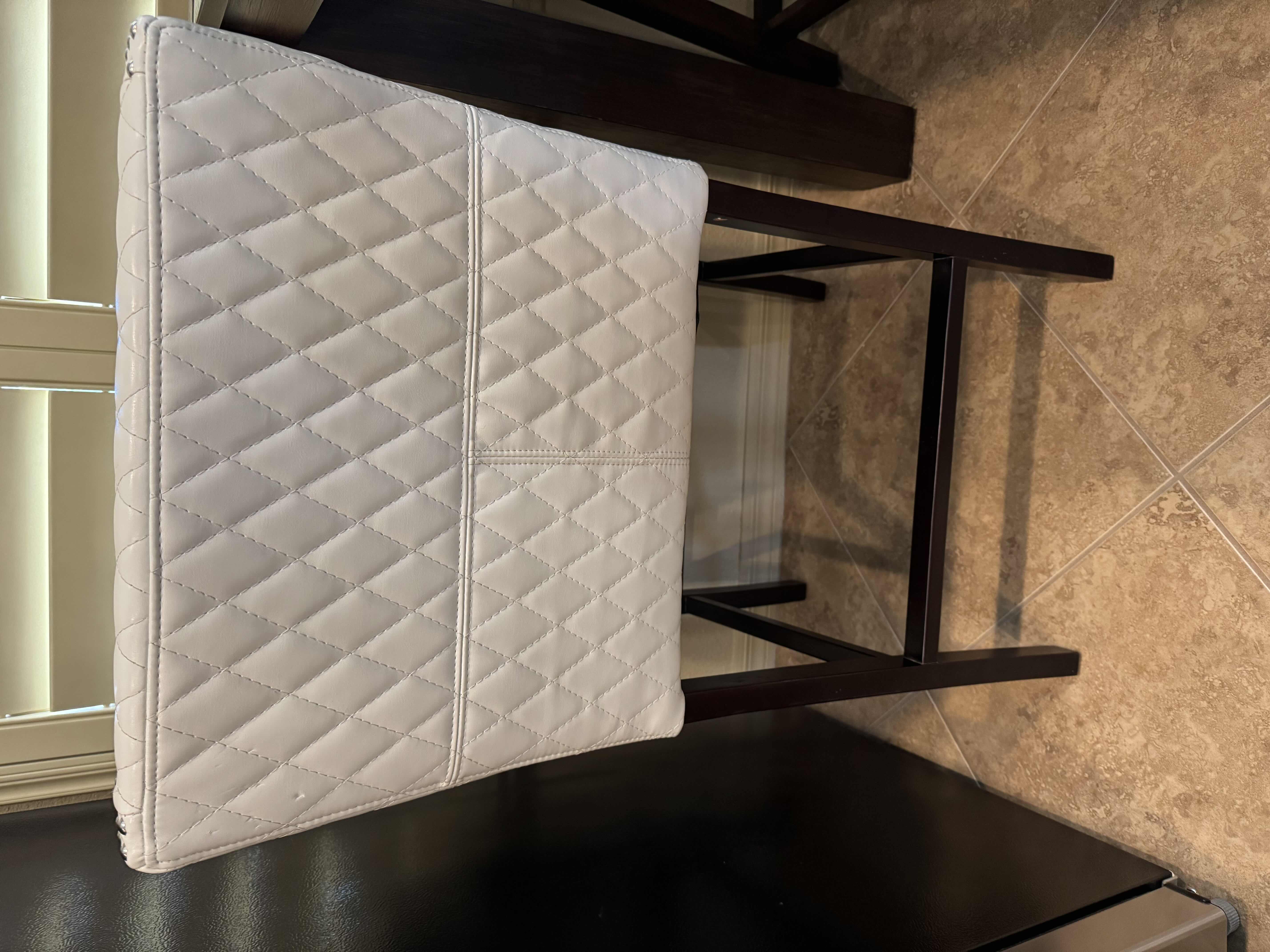 Photo 1 of COUNTER HEIGHT WHITE QUILTED "CHRISTOPHER KNIGHT" LEATHER BARSTOOL CHAIRS.  (1OF 2 IN SET, SOLD SEPARATLEY), 28"H