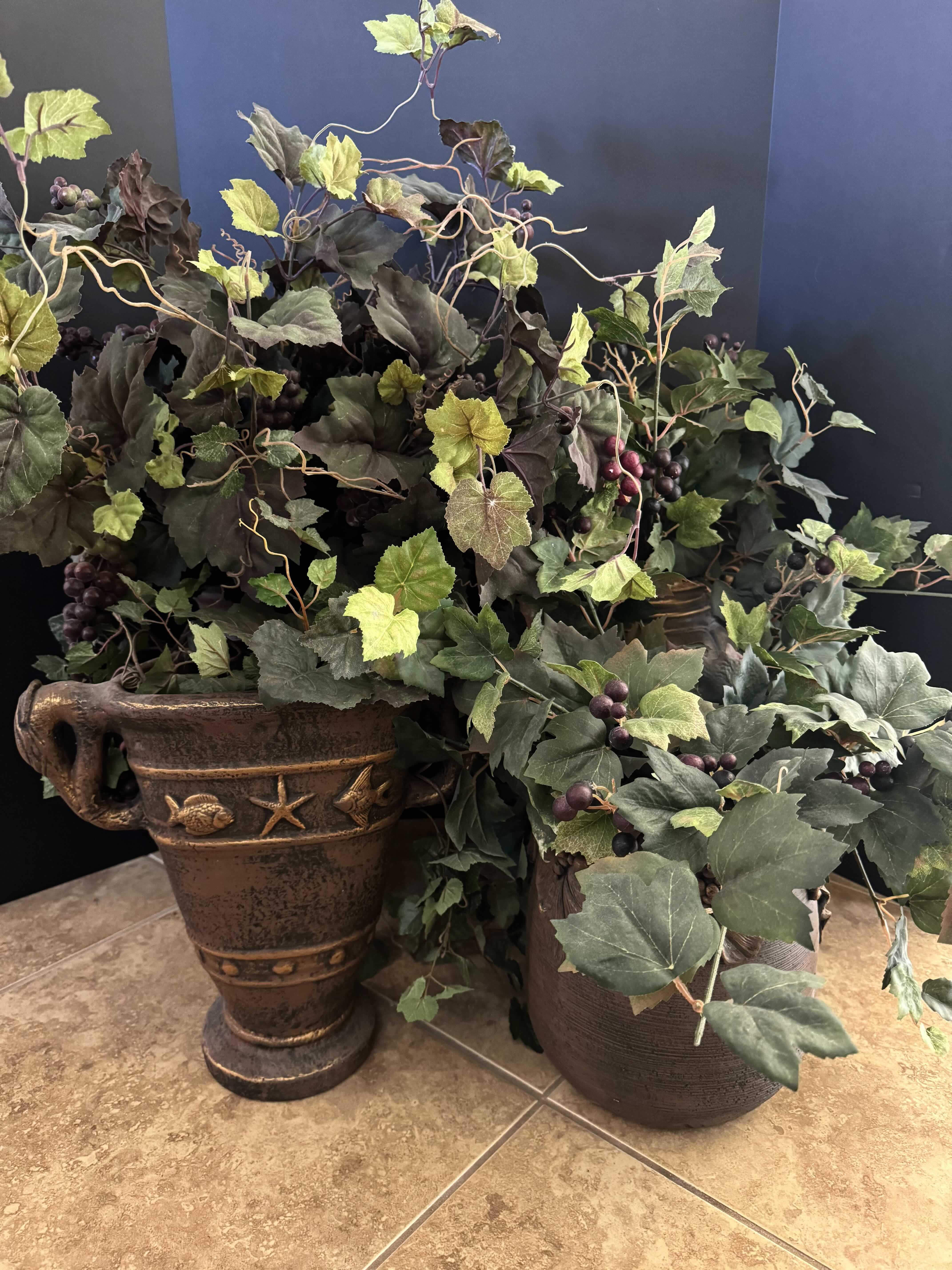 Photo 1 of ASSORTED DECORATIVE FAUX GRAPE VINE PLANTS WITH CERAMIC VASE, 4 ITEMS