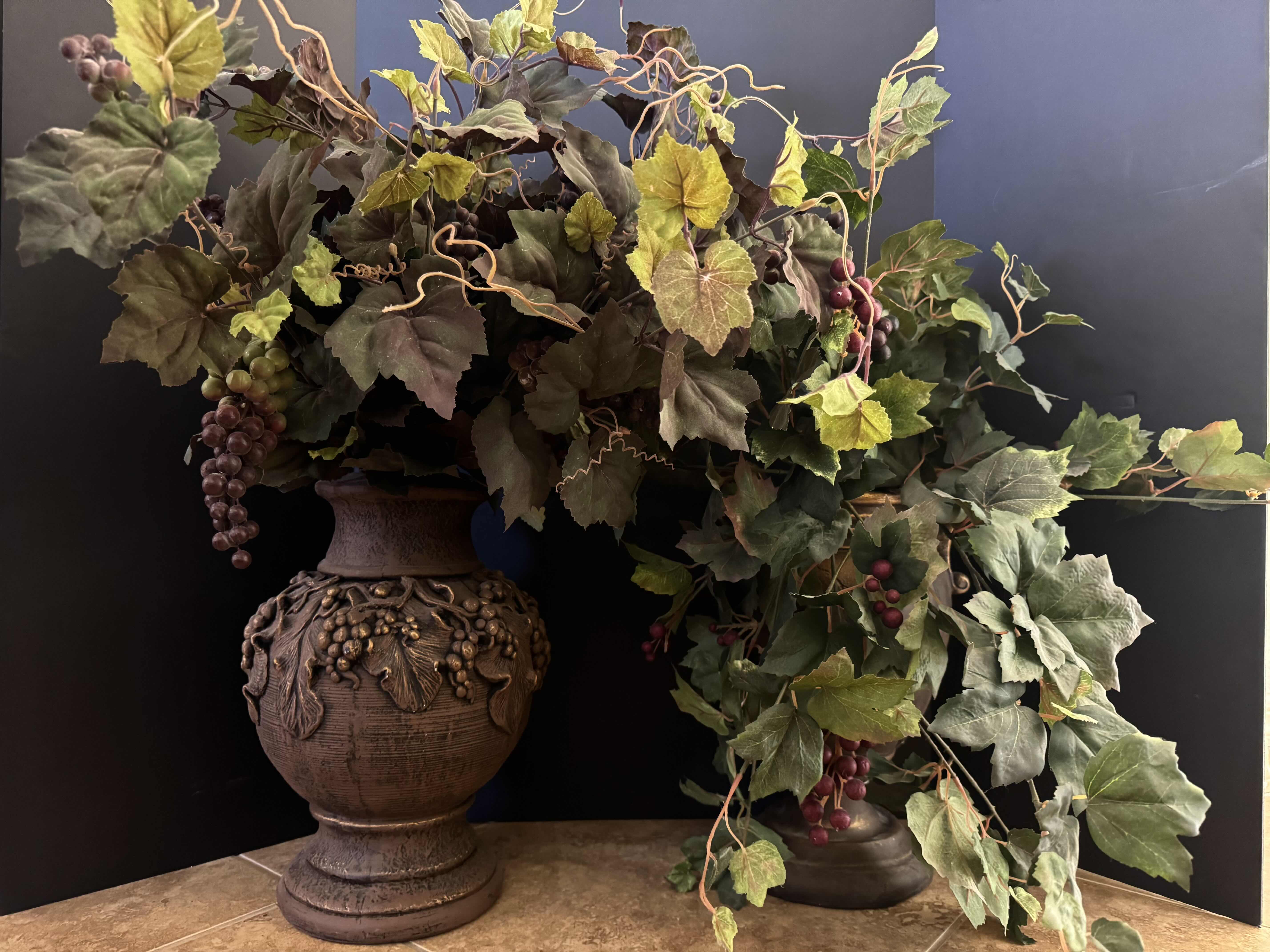 Photo 1 of ASSORTED DECORATIVE FAUX GRAPE VINE PLANTS WITH CERAMIC VASE, 4 ITEMS