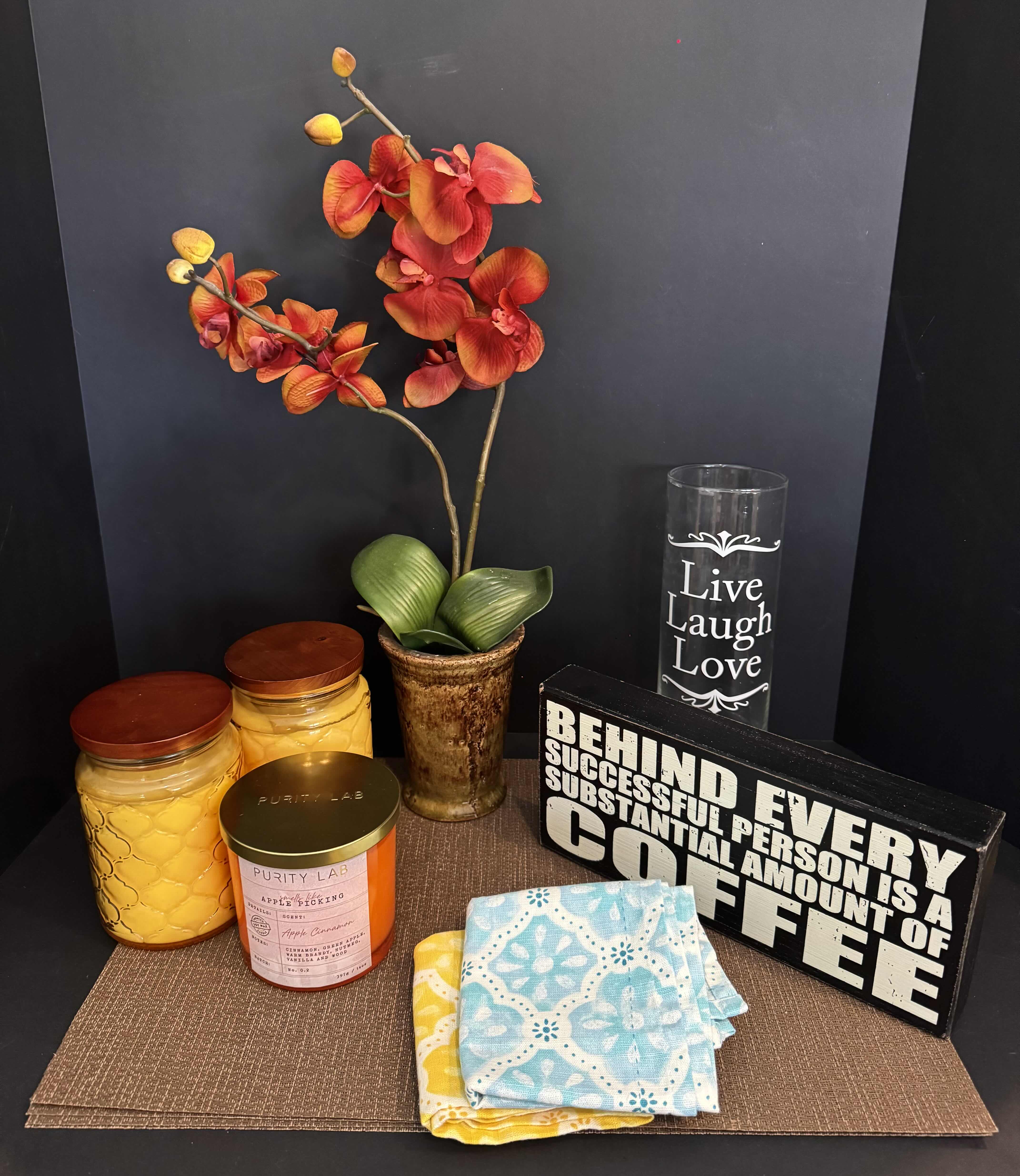 Photo 1 of ASSORTED DECOR ESSENTIALS, CANDLES, TABLE MATS, FAUX ORCHID FLOWER PLANT, VASE, ARTWORK