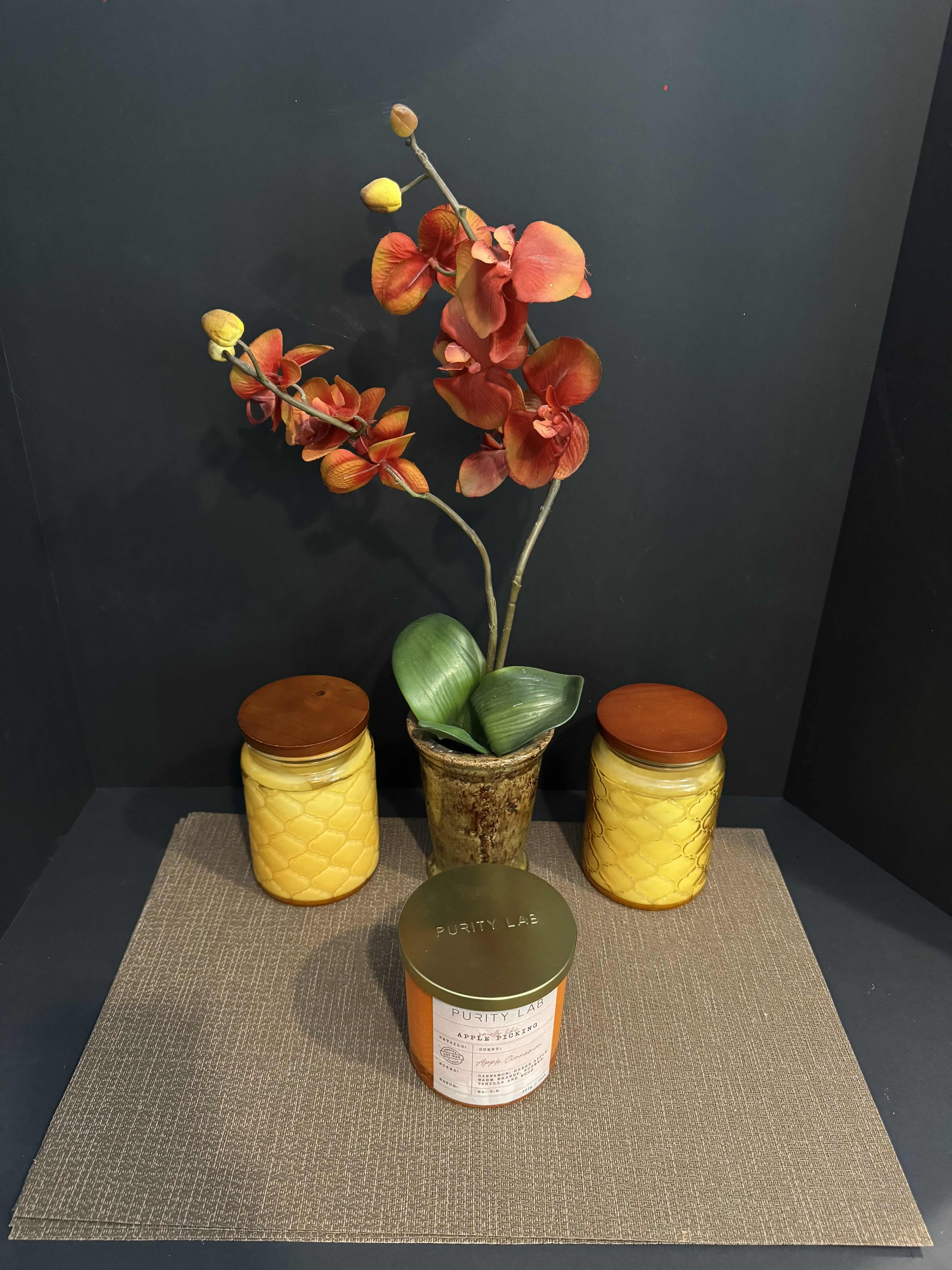 Photo 1 of ASSORTED DECOR ESSENTIALS, CANDLES, TABLE MATS, FAUX ORCHID FLOWER PLANT, VASE, ARTWORK