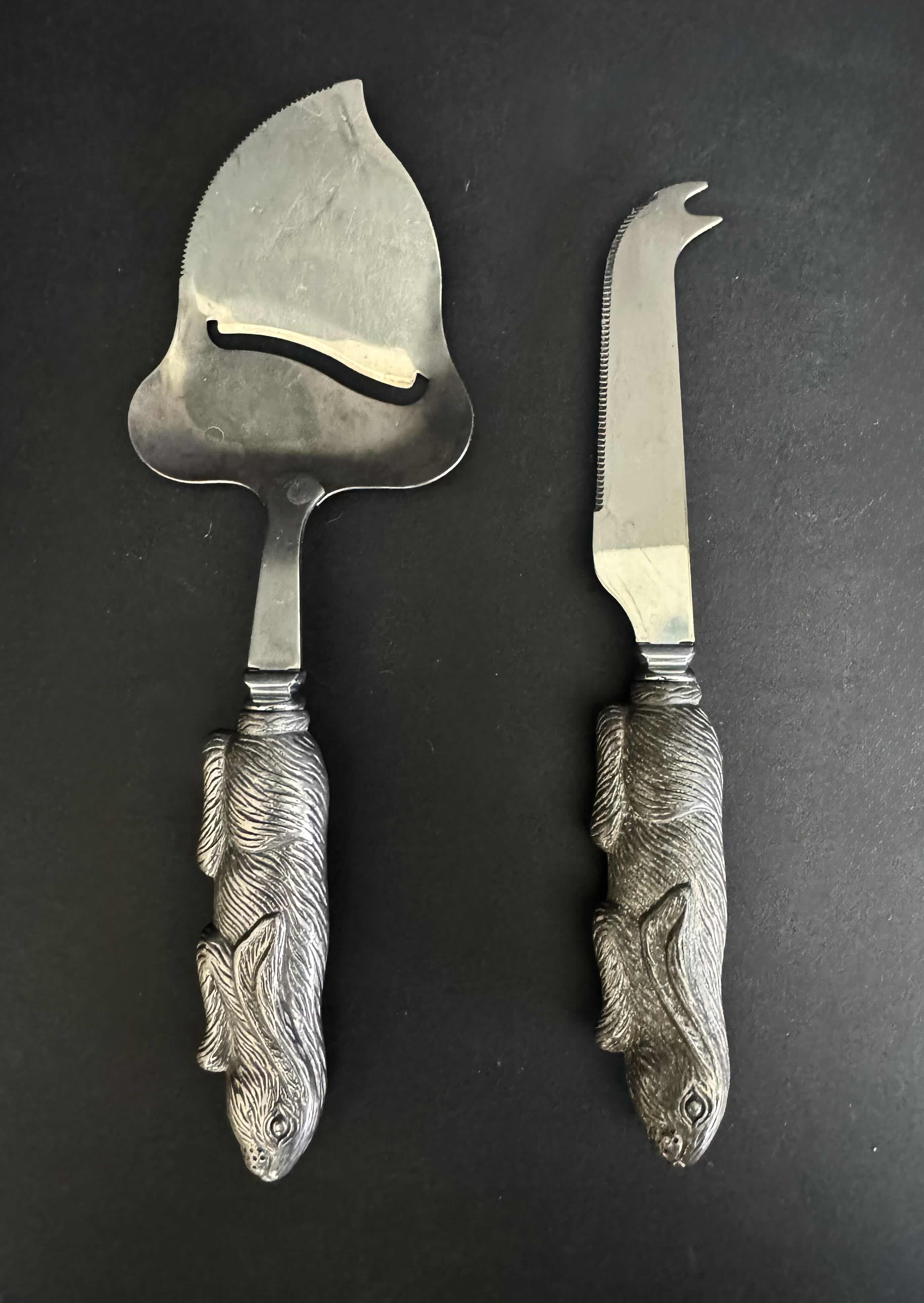 Photo 1 of 3-ARTHUR COURT RABBIT DESIGN CHEESE SEVING UTENSILS, PLATE 8”D, SERVING UTENSILS 9”H