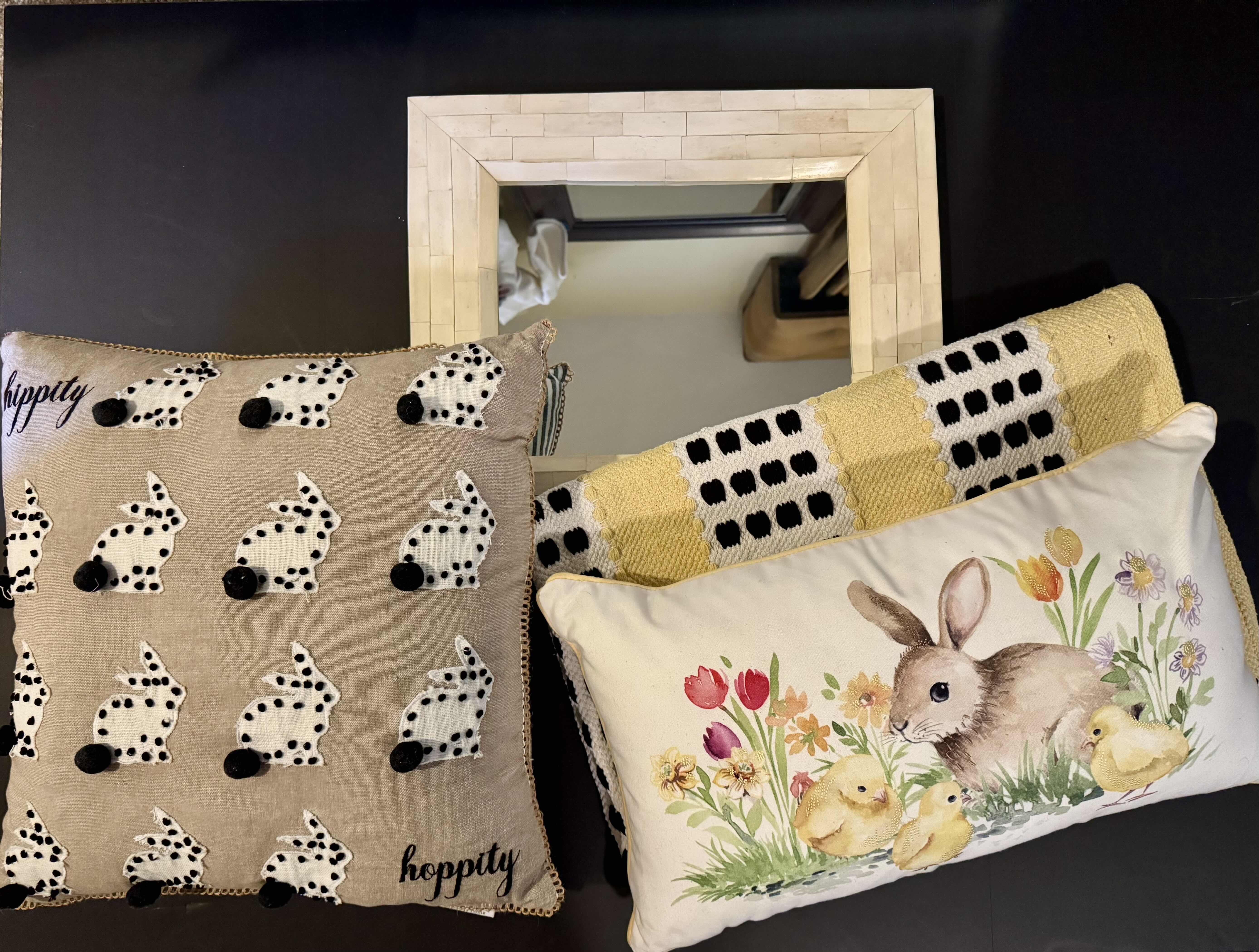 Photo 1 of 17” X 20” MIRROR 48” X 29” & YELLOW & BLACK RUG WITH OTHER DECOR ESSENTIALS