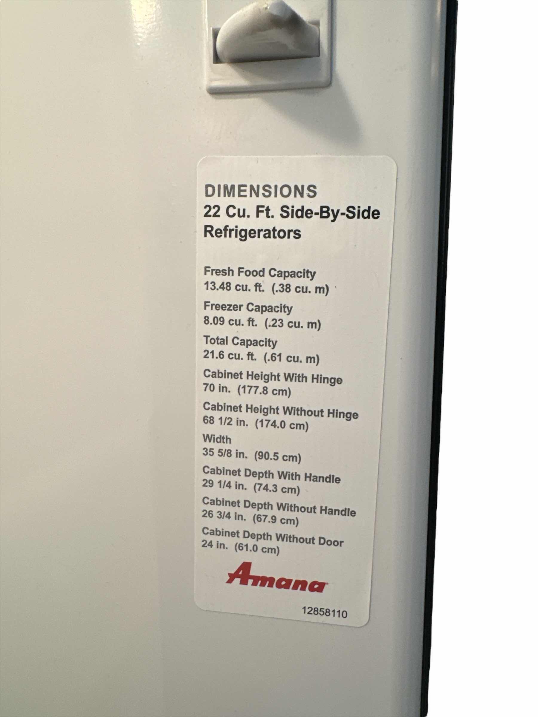 Photo 1 of 1000
AMANA SIDE BY SIDE REFRIGERATOR/FREEZER WITH ICE MAKER (CONTENTS NOT INCLUDED