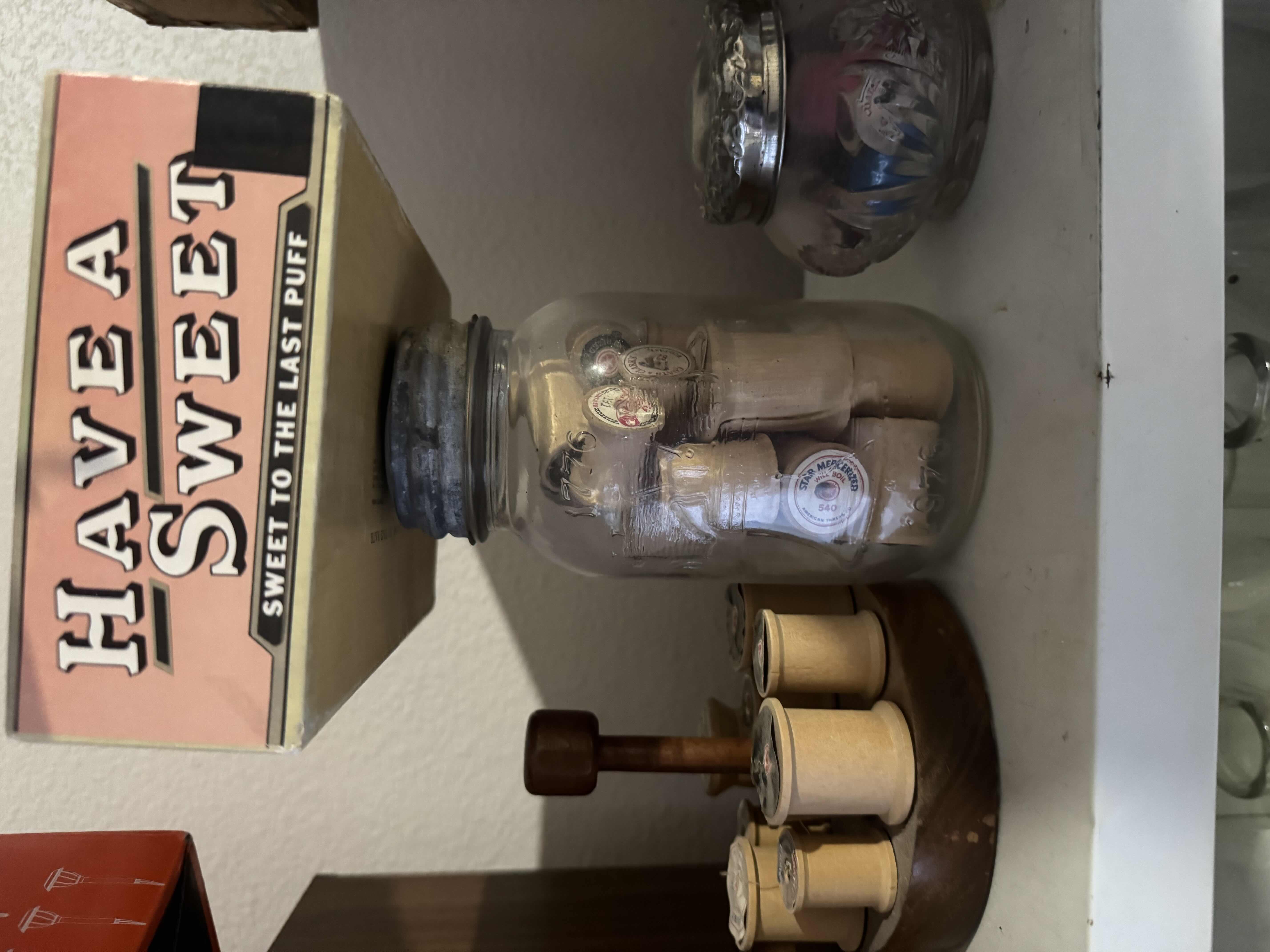 Photo 1 of VINTAGE JARS, SEWING SPOOLS, CIGAR BOXES