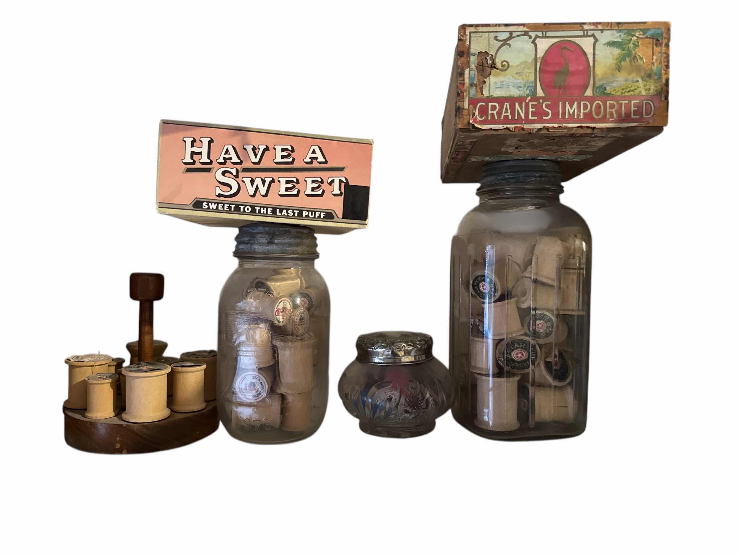 Photo 1 of VINTAGE JARS, SEWING SPOOLS, CIGAR BOXES
