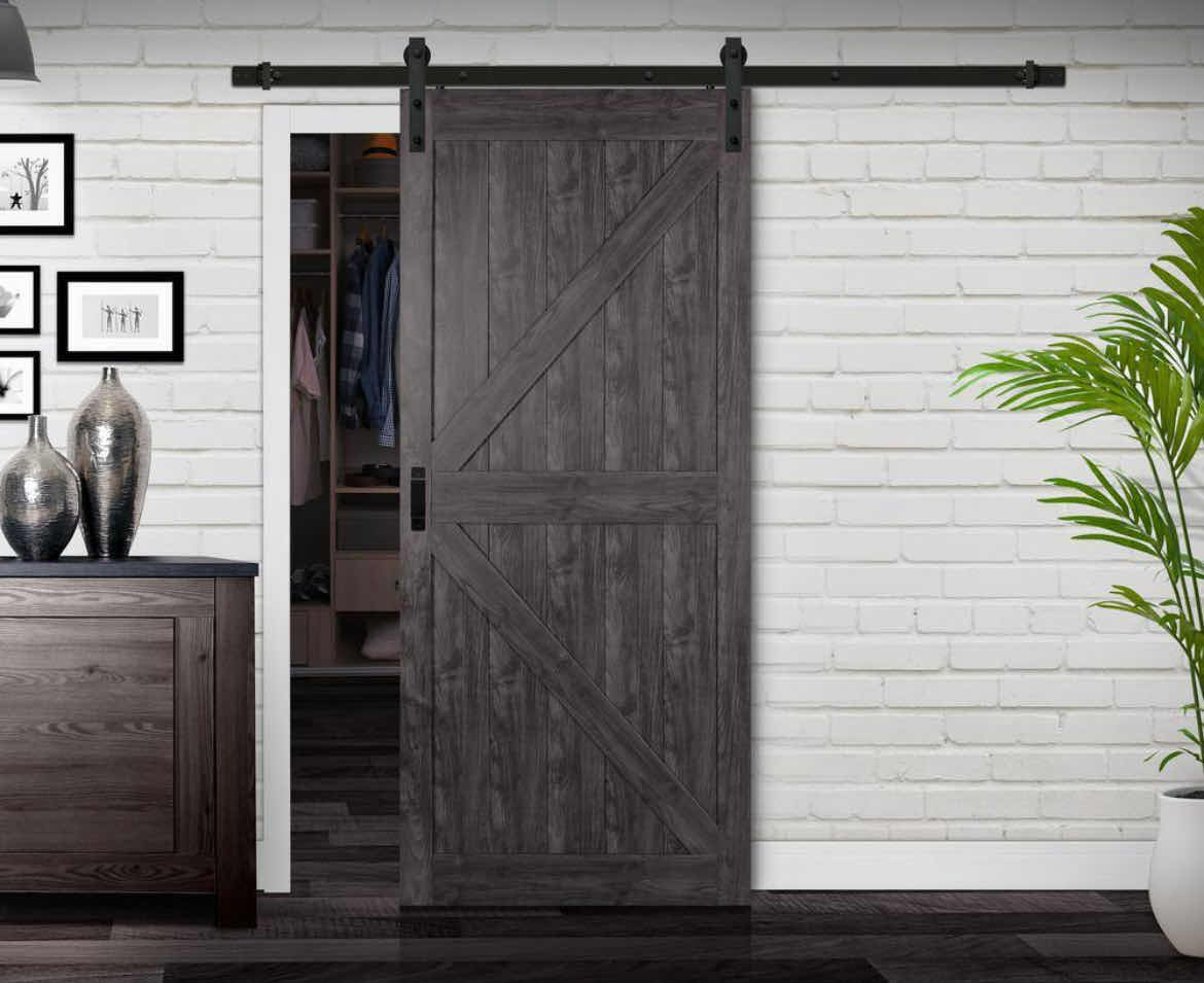Photo 2 of NEW TRUPORTE K DESIGN AGED GRAY WOOD FINISH INTERIOR BARN DOOR KIT 36” X 84”