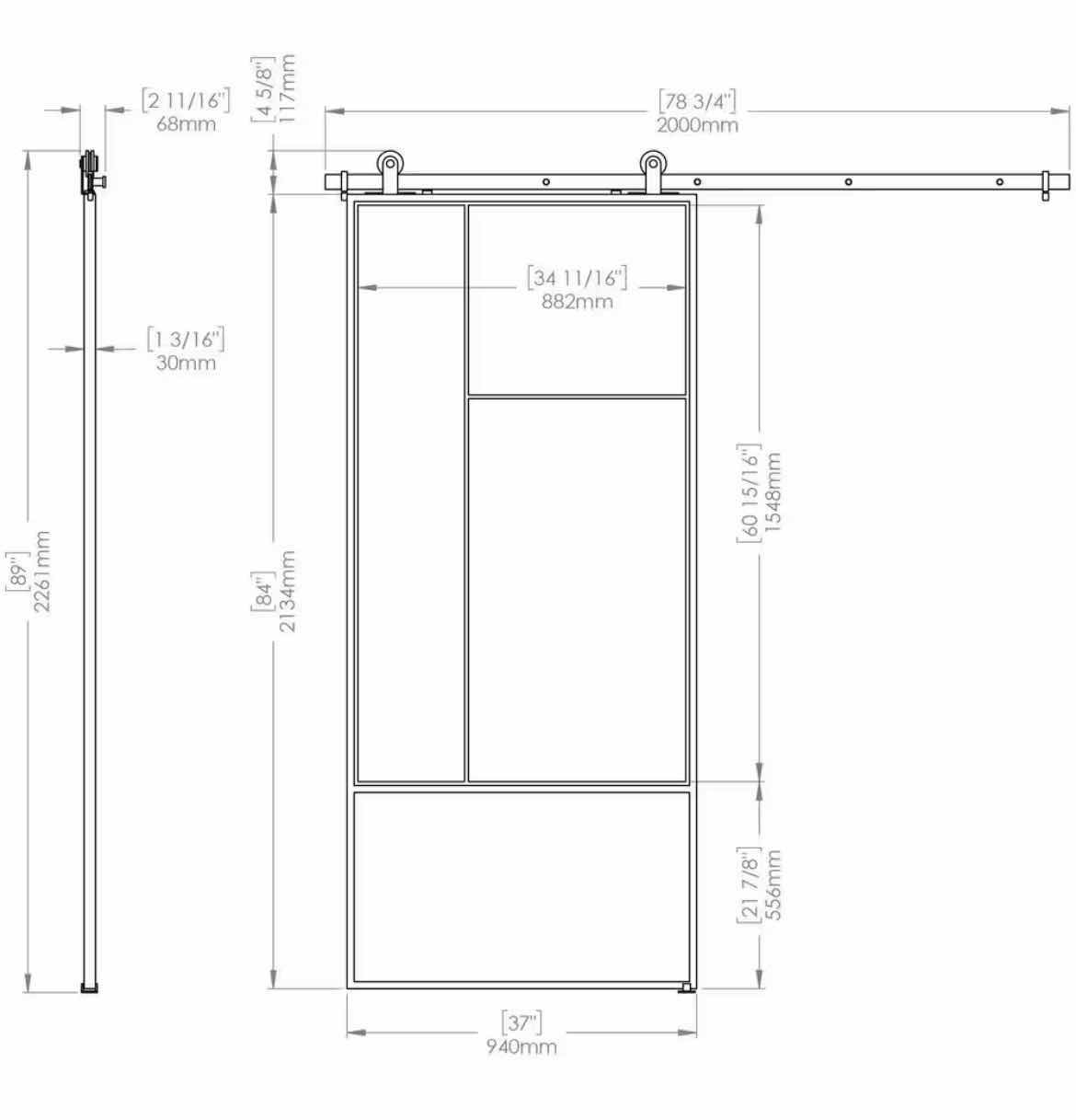 Photo 4 of NEW COLONIAL ELEGANCE CICERO METRO COLLECTION CLEAR GLASS BLACK FINISH STEEL BARN DOOR KIT 37” X 84” MODEL KMCTCOC-37BL