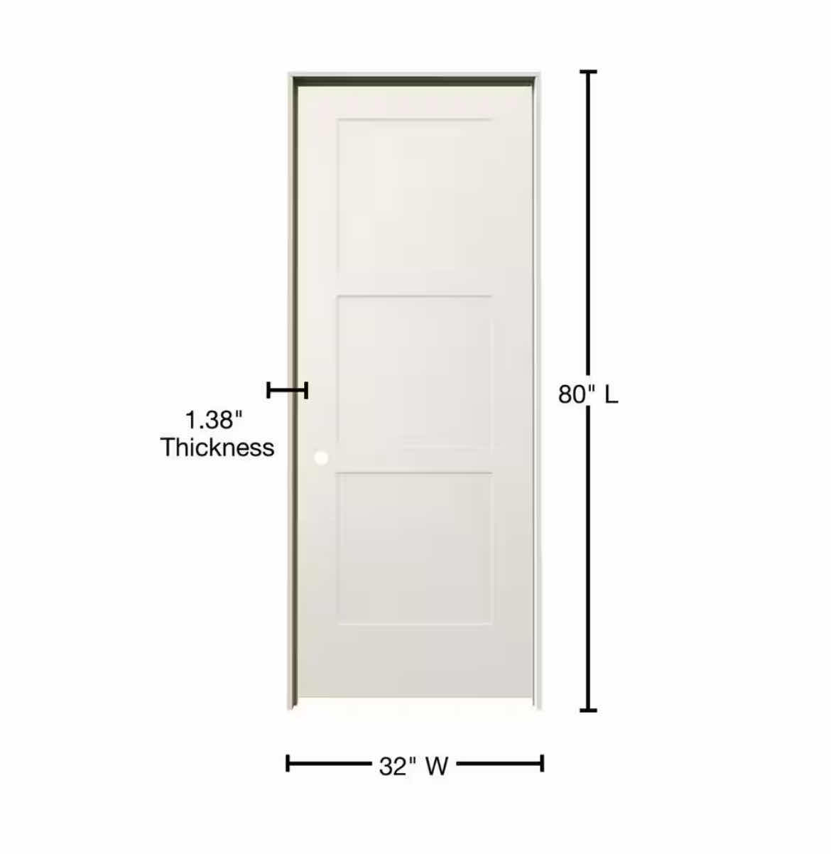 Photo 1 of JELD-WEN UNFINISHED WHITE BIRKDALE 3-PANEL RIGHT-HANDED INSWING SMOOTH HOLLOW CORE PREHUNG INTERIOR DOOR W FRAME 32” X 80”
