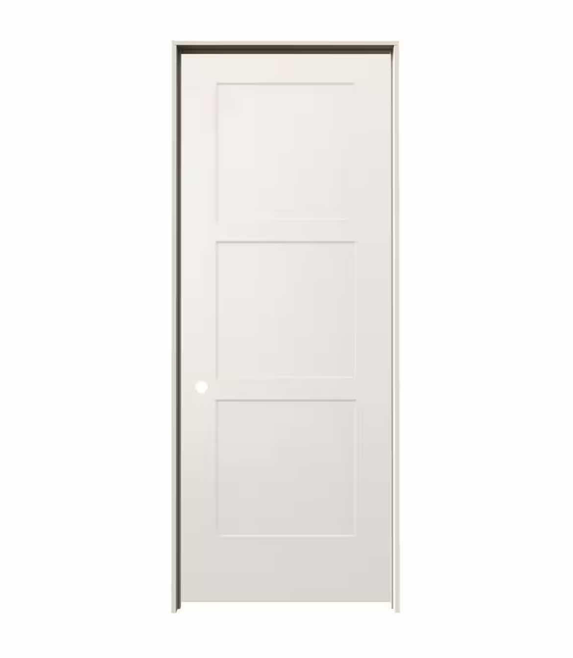 Photo 1 of JELD-WEN UNFINISHED WHITE BIRKDALE 3-PANEL RIGHT-HANDED INSWING SMOOTH HOLLOW CORE PREHUNG INTERIOR DOOR W FRAME 32” X 80”