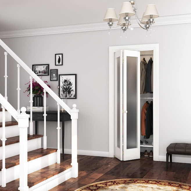 Photo 2 of NEW EIGHT DOORS PRIMED WHITE FINISH 1-LITE FROSTED GLASS SOLID WOOD CORE BIFOLD DOOR 36” X 80”