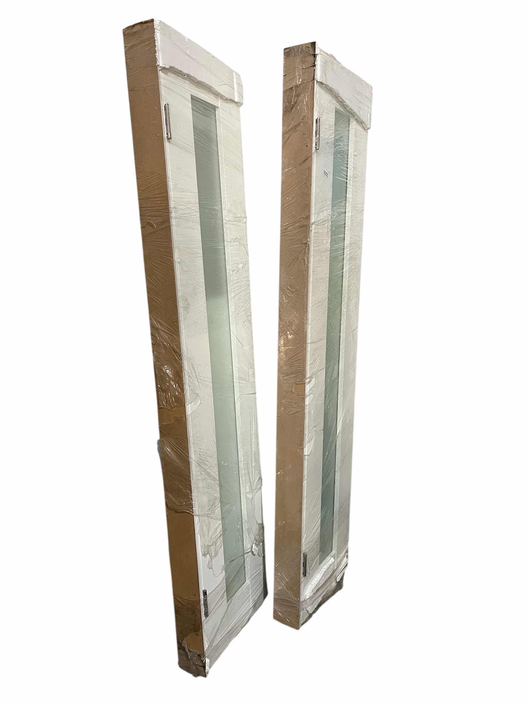 Photo 1 of WHITE FINISH 1-PANEL FROSTED GLASS INTERIOR CLOSET DOORS W FRAME (2) (DOOR 17.75” X 1.75” H79.5” FRAME 18.50 X 4.75” H80.75”