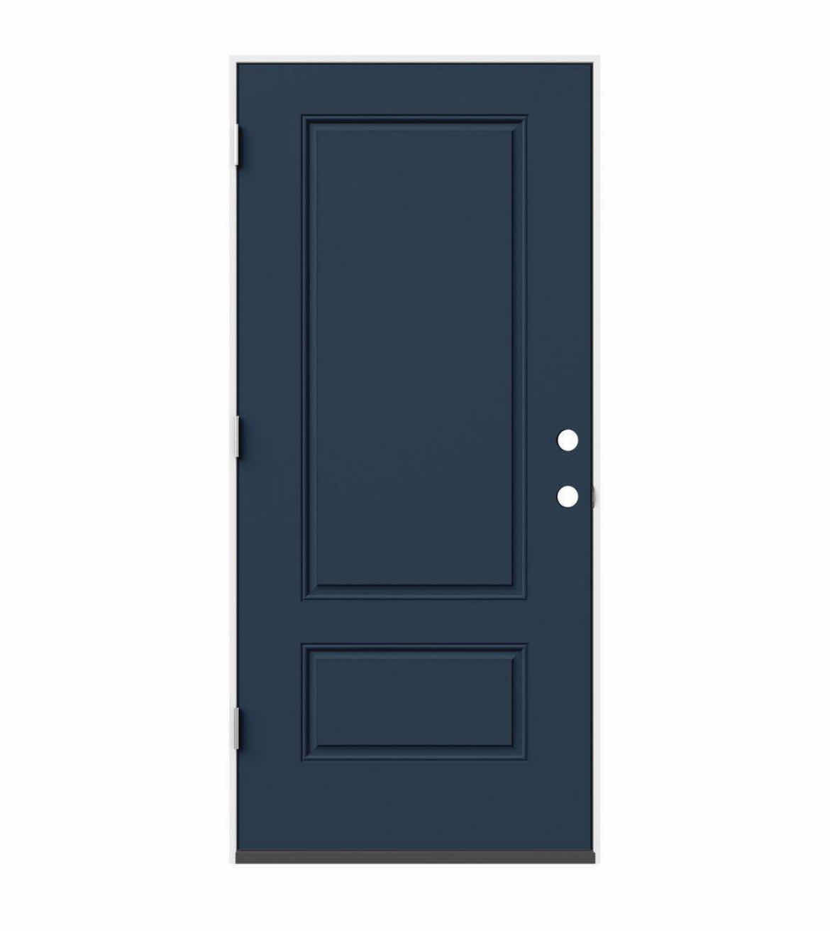 Photo 1 of JELD-WEN EURO BLUE STEEL 2-PANEL RIGHT-HAND INSWING PREHUNG ENTRY DOOR W FRAME 36” X 80”