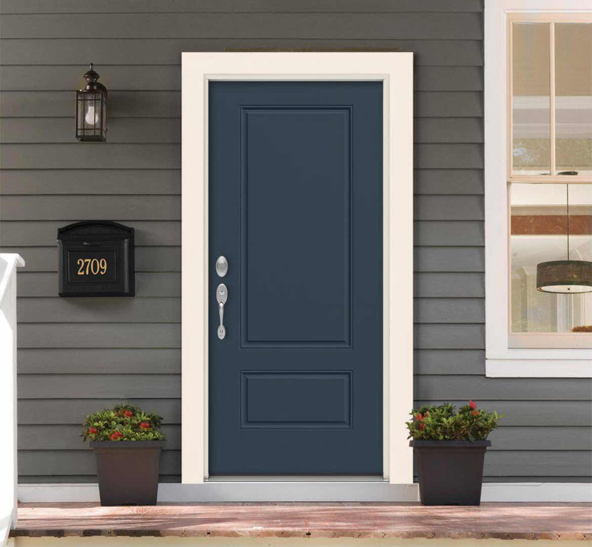 Photo 1 of JELD-WEN EURO BLUE STEEL 2-PANEL RIGHT-HAND INSWING PREHUNG ENTRY DOOR W FRAME 36” X 80”