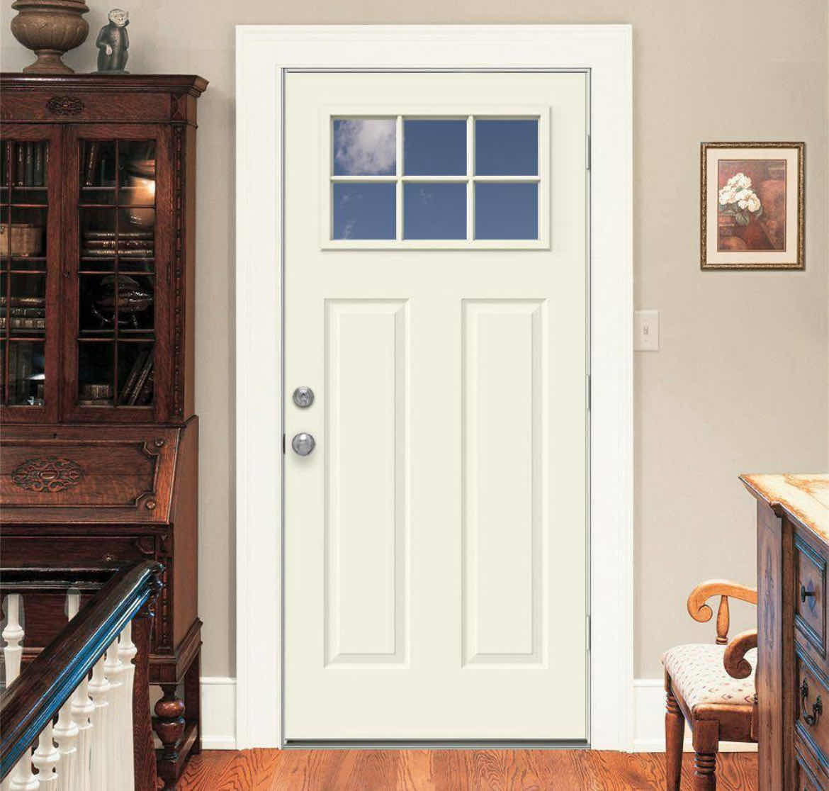 Photo 1 of NEW JELD-WEN CRAFTSMAN PRIMED WHITE  STEEL 6-LITE CLEAR GLASS LEFT-HAND INSWING PREHUNG ENTRY DOOR W BRICKMOULD FRAME 30” X 80”