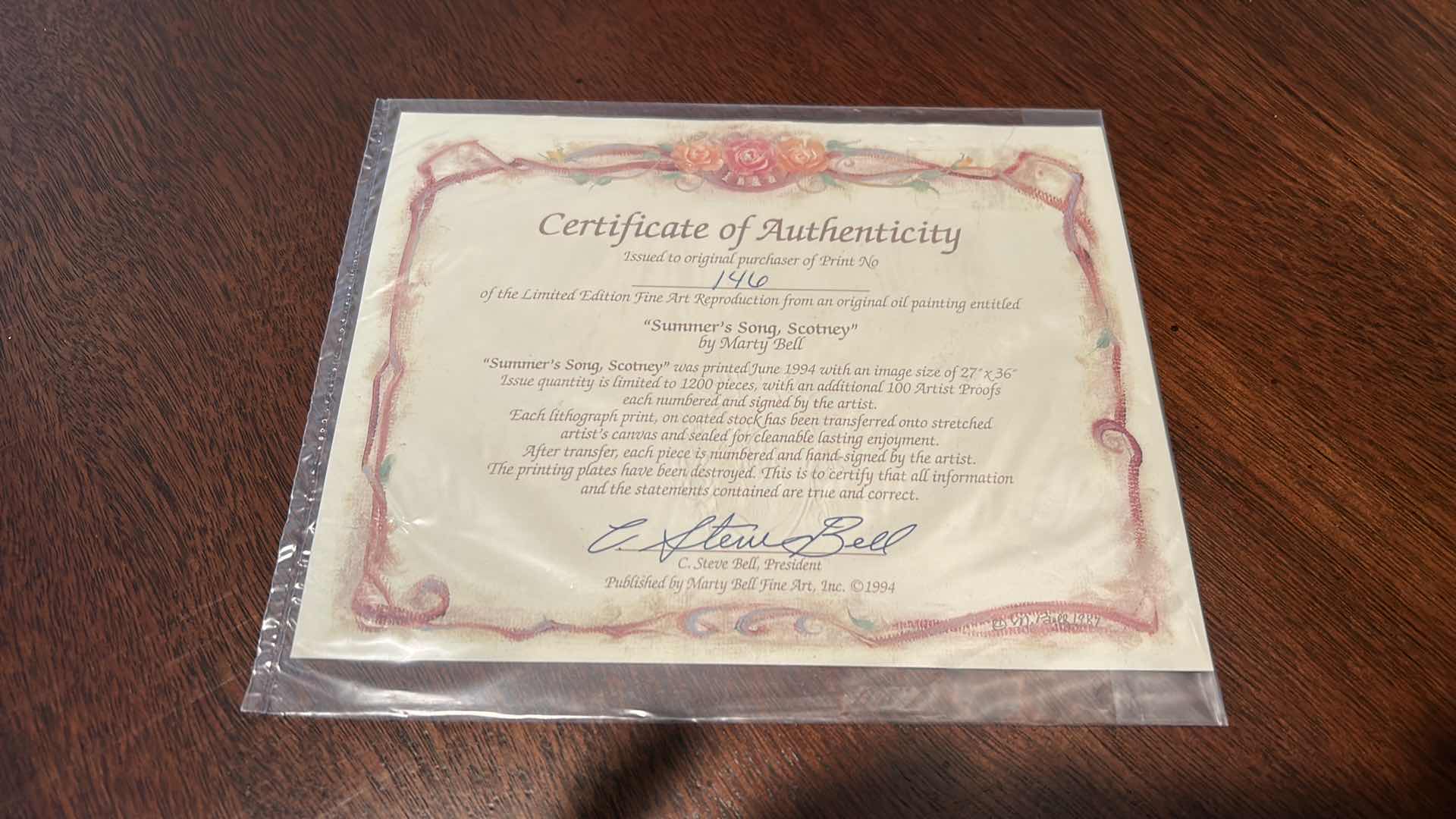 Photo 1 of “SUMMERS SONG, SCOTNEY” BY MARTY BELL PRINT NO 146 WITH COA SINGED ARTWORK ORNATELY FRAMED 43 1/2“ x 34 1/2“ $960