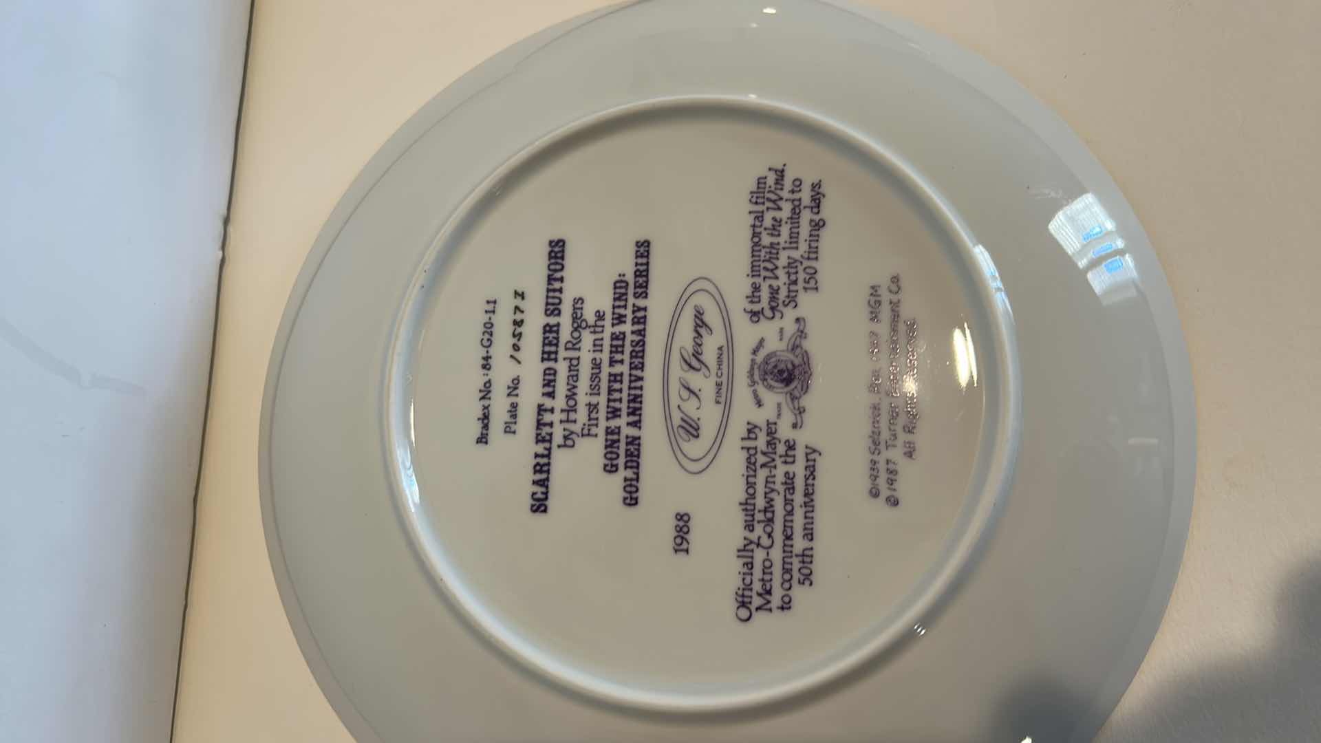 Photo 1 of 2 - COLLECTIBLE FINE CHINA “GONE WITH THE WIND” GOLDEN ANNIVERSARY SERIES BY W.L. GEORGE NUMBERED PLATES 8.5”