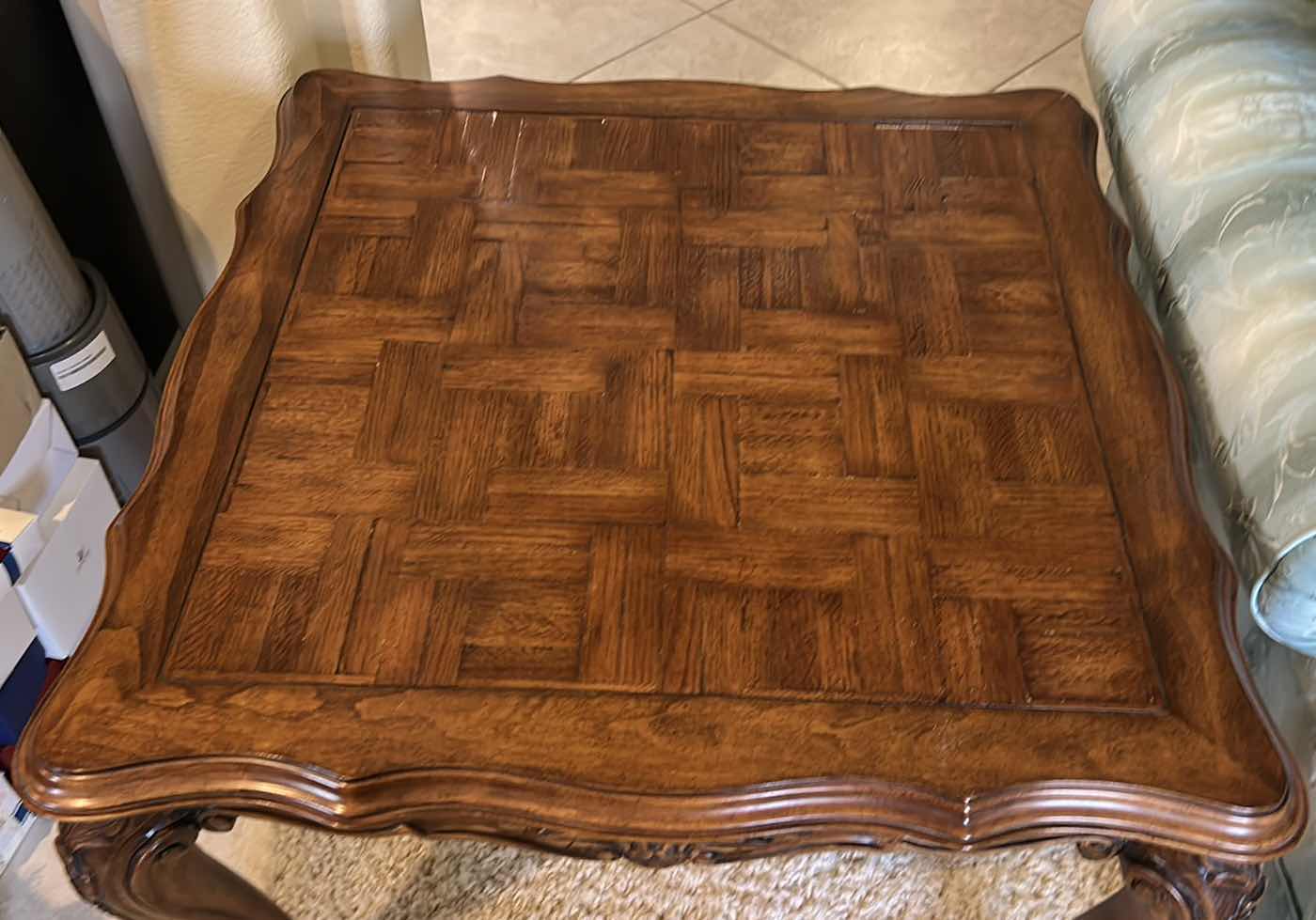 Photo 1 of ORNATELY CARVED WOOD SIDE TABLE 30” x 32” x 22”