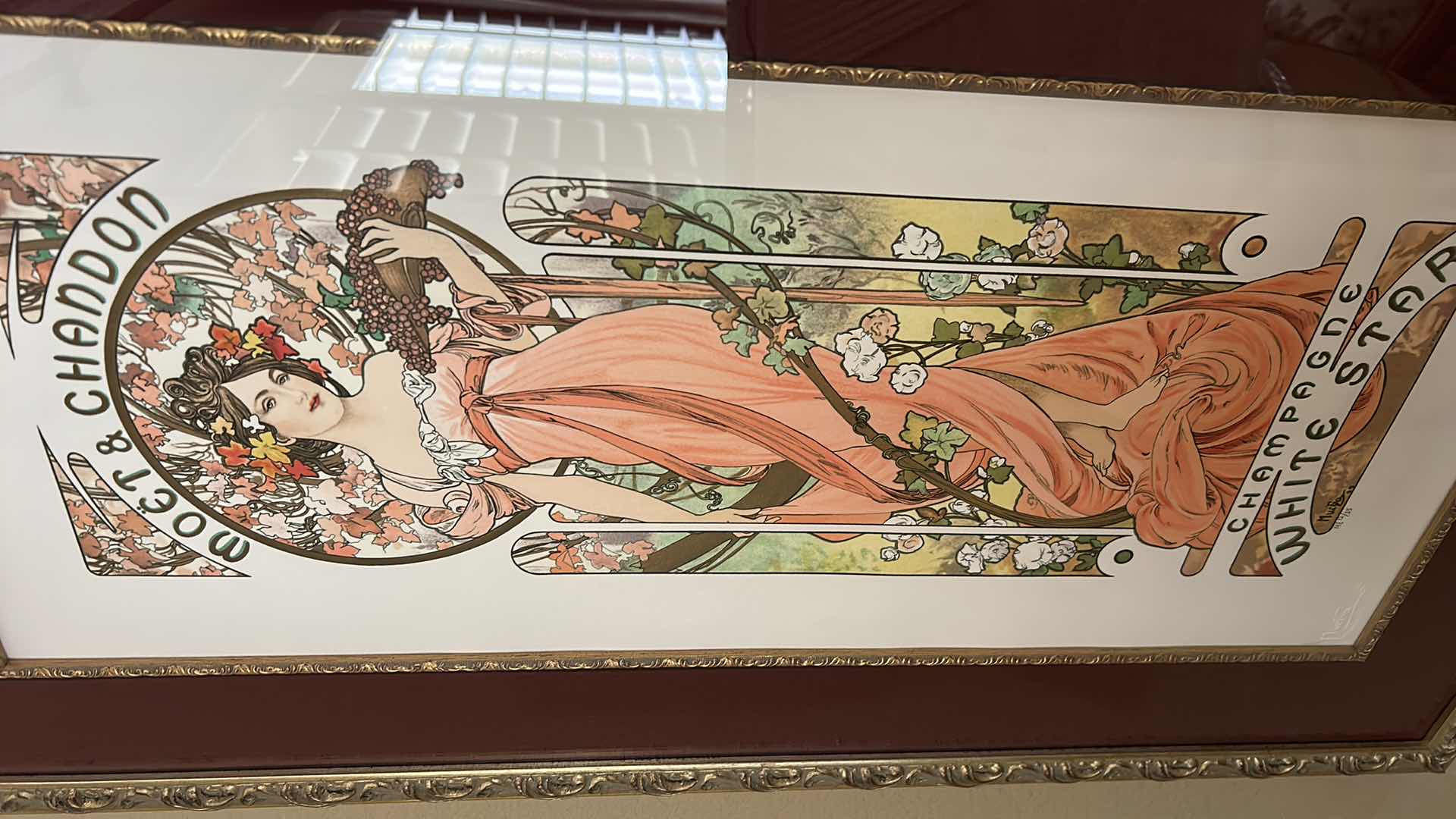 Photo 2 of NUMBERED AND SIGNED MUCHA “MOËT & CHANDON CHAMPAGNE WHITE STAR” ARTWORK GOLD FRAMED 18 1/4“ x 33“