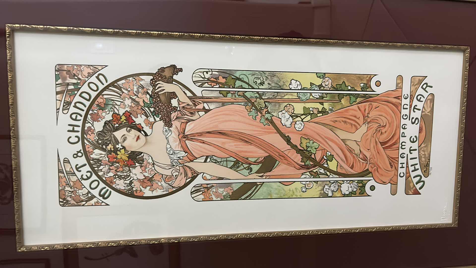 Photo 6 of NUMBERED AND SIGNED MUCHA “MOËT & CHANDON CHAMPAGNE WHITE STAR” ARTWORK GOLD FRAMED 18 1/4“ x 33“