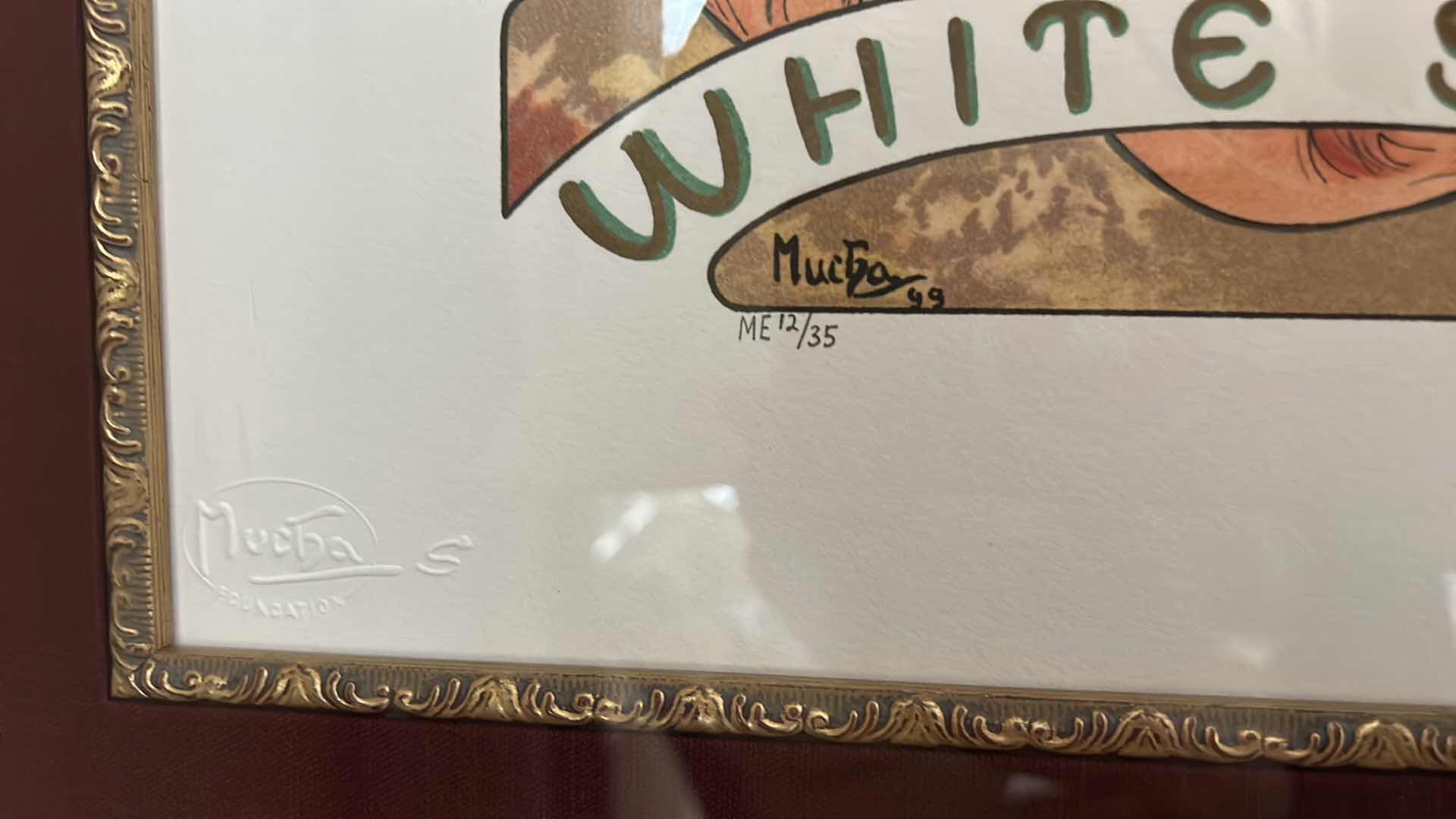 Photo 3 of NUMBERED AND SIGNED MUCHA “MOËT & CHANDON CHAMPAGNE WHITE STAR” ARTWORK GOLD FRAMED 18 1/4“ x 33“