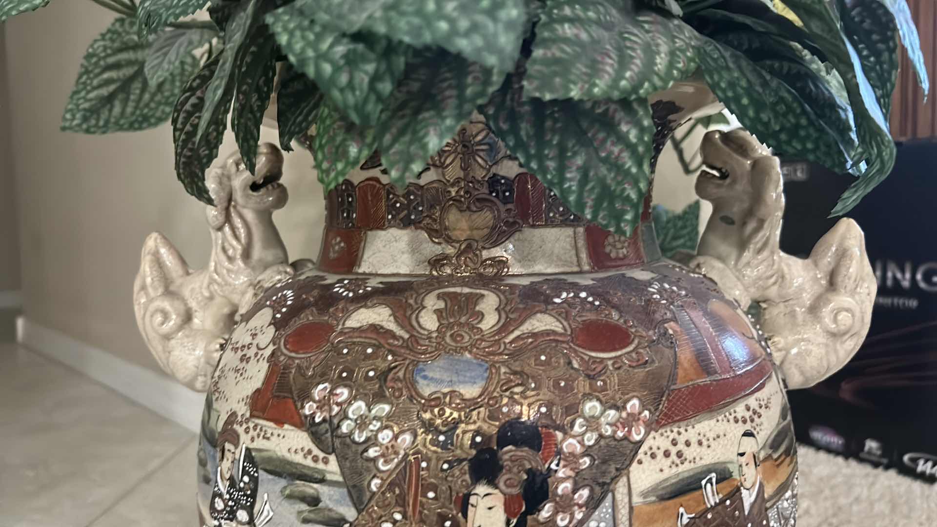 Photo 3 of ASIAN HANDPAINTED VASE WITH FAUX FLORAL ARRANGEMENT VASE HEIGHT 17”