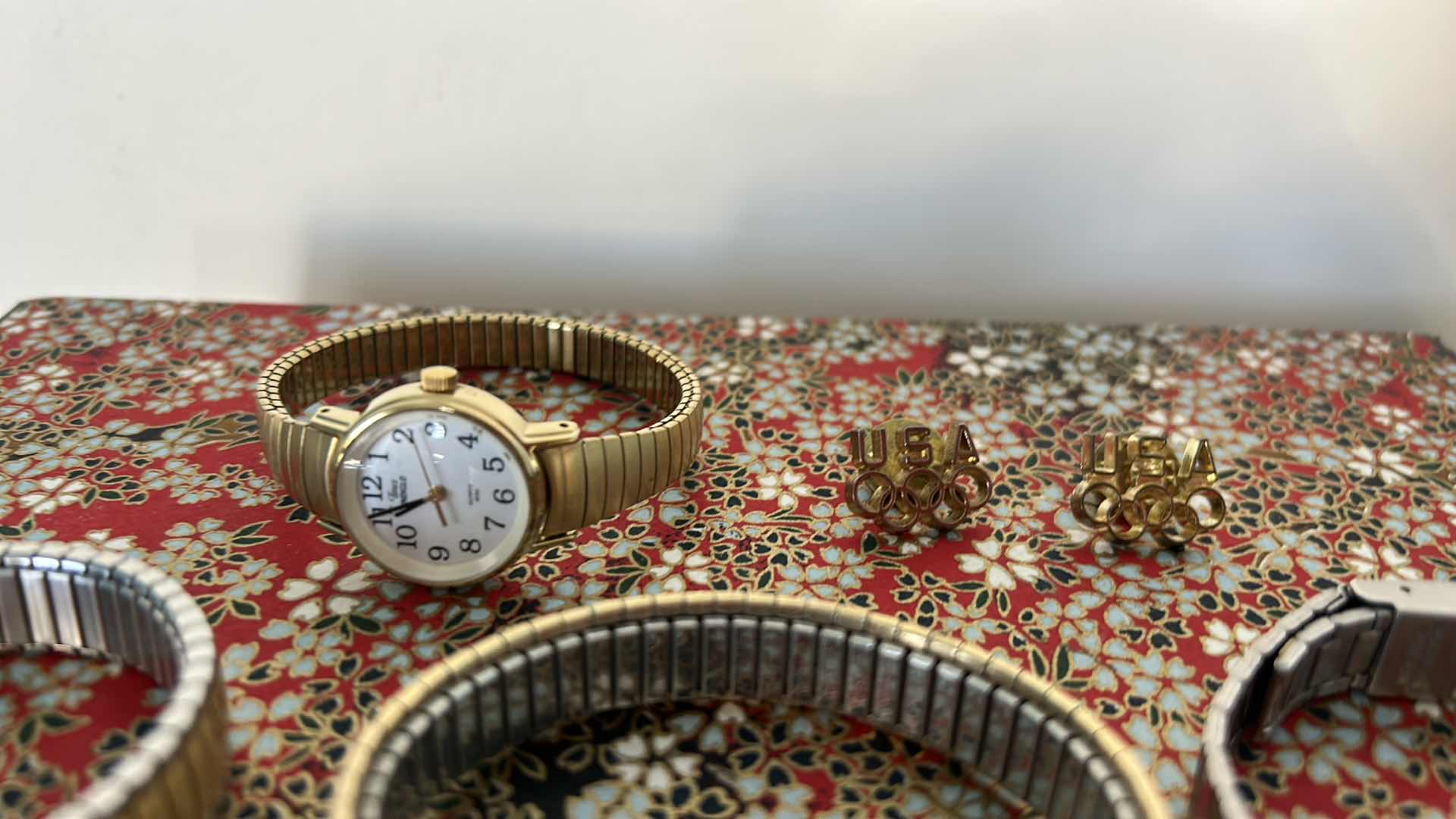 Photo 1 of JEWELRY BOX AND 4 TIMEX WATCHES + 2 OLYMPIC PINS