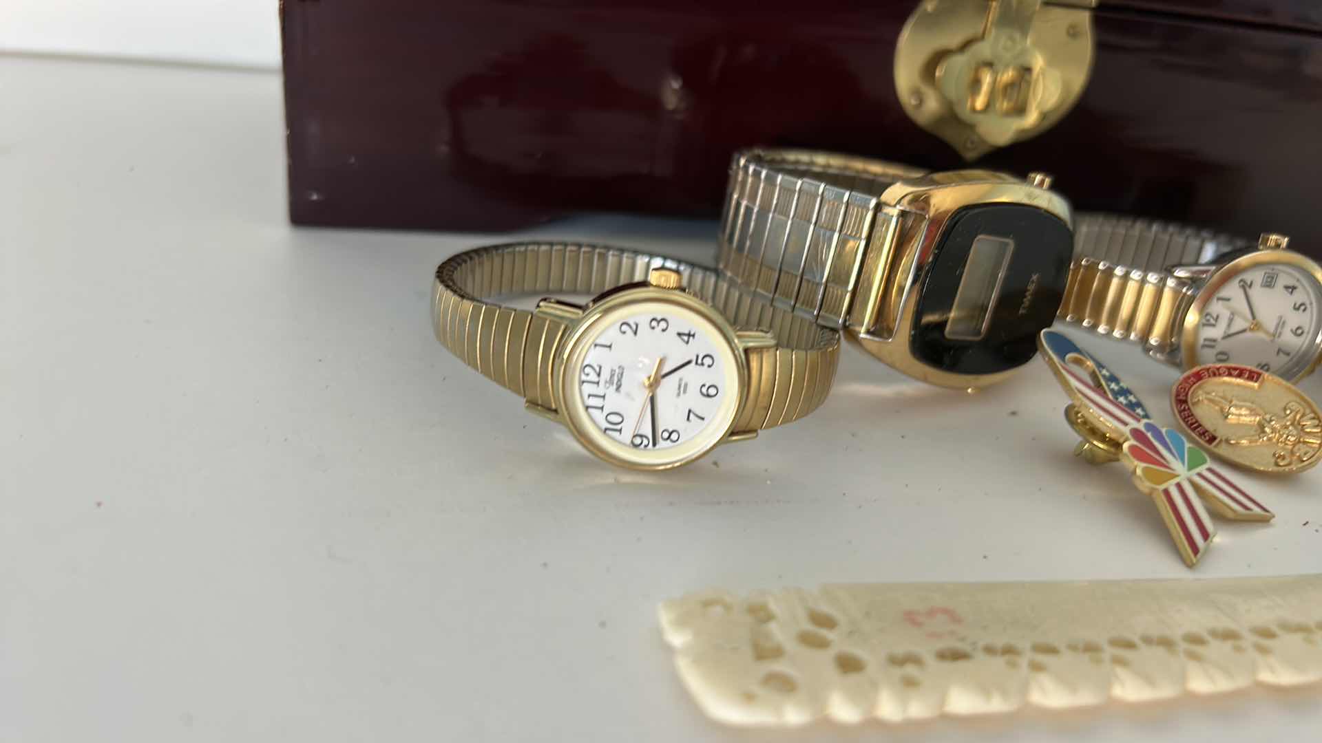 Photo 1 of JEWELRY BOX AND 4 TIMEX WATCHES + 2 PINS & MORE