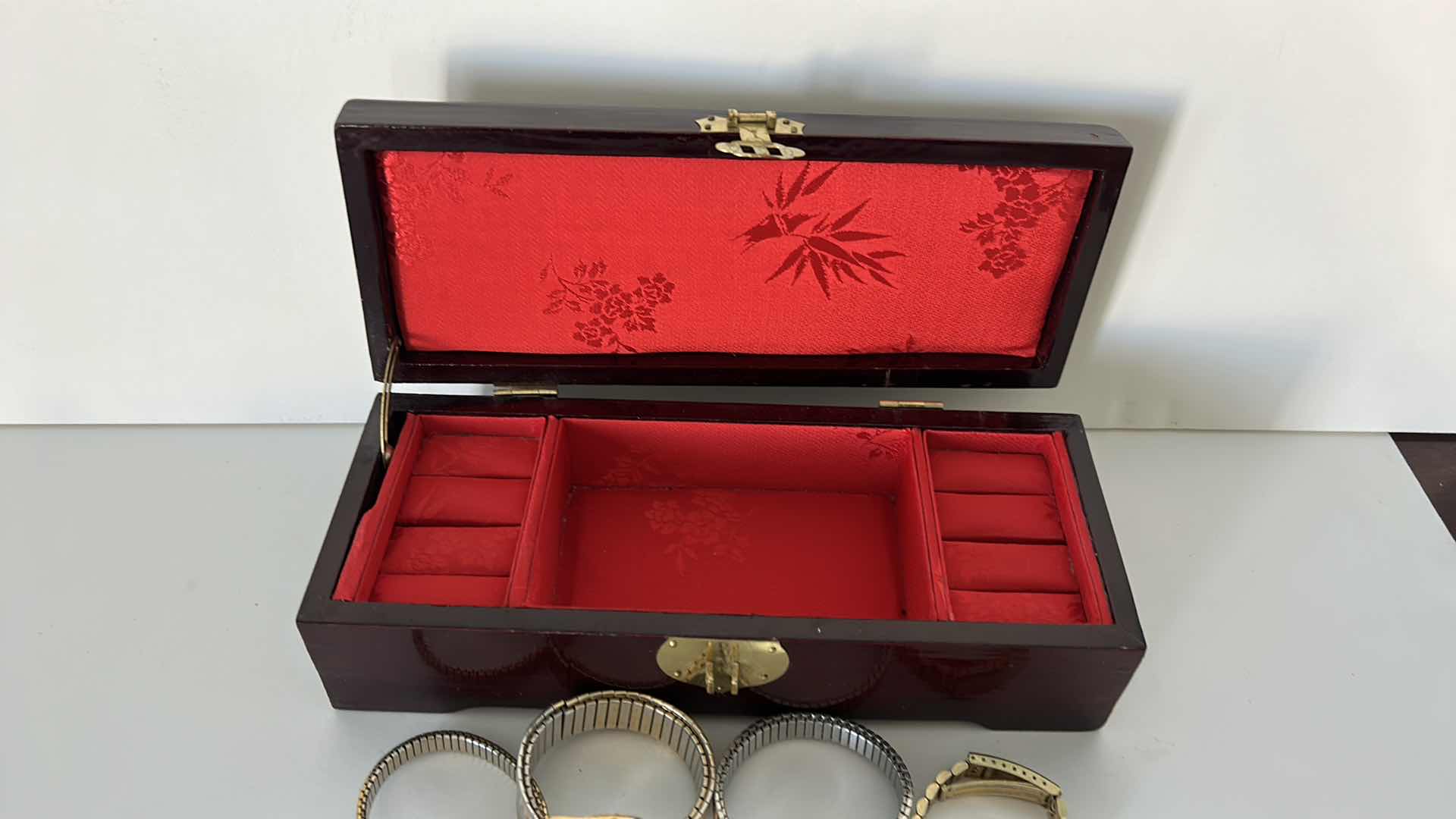 Photo 1 of JEWELRY BOX AND 4 TIMEX WATCHES + 2 PINS & MORE