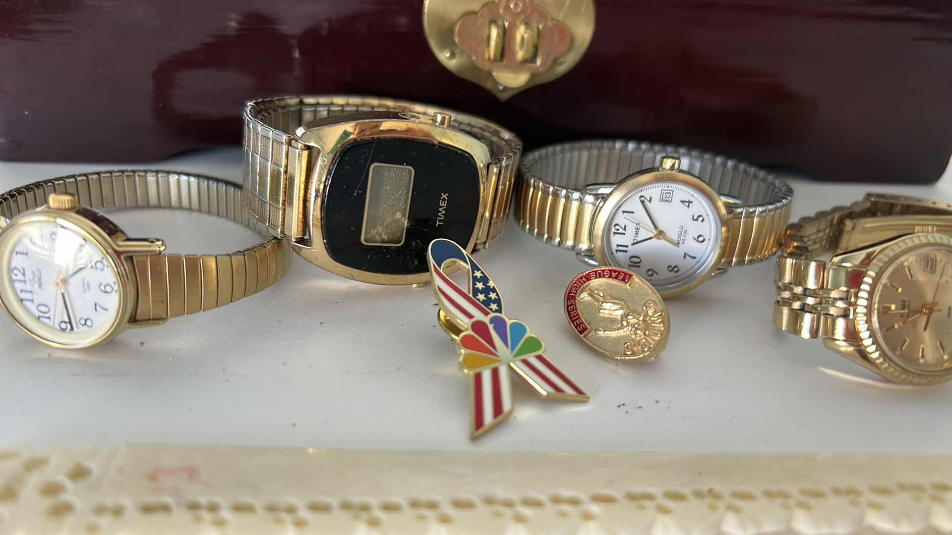 Photo 1 of JEWELRY BOX AND 4 TIMEX WATCHES + 2 PINS & MORE