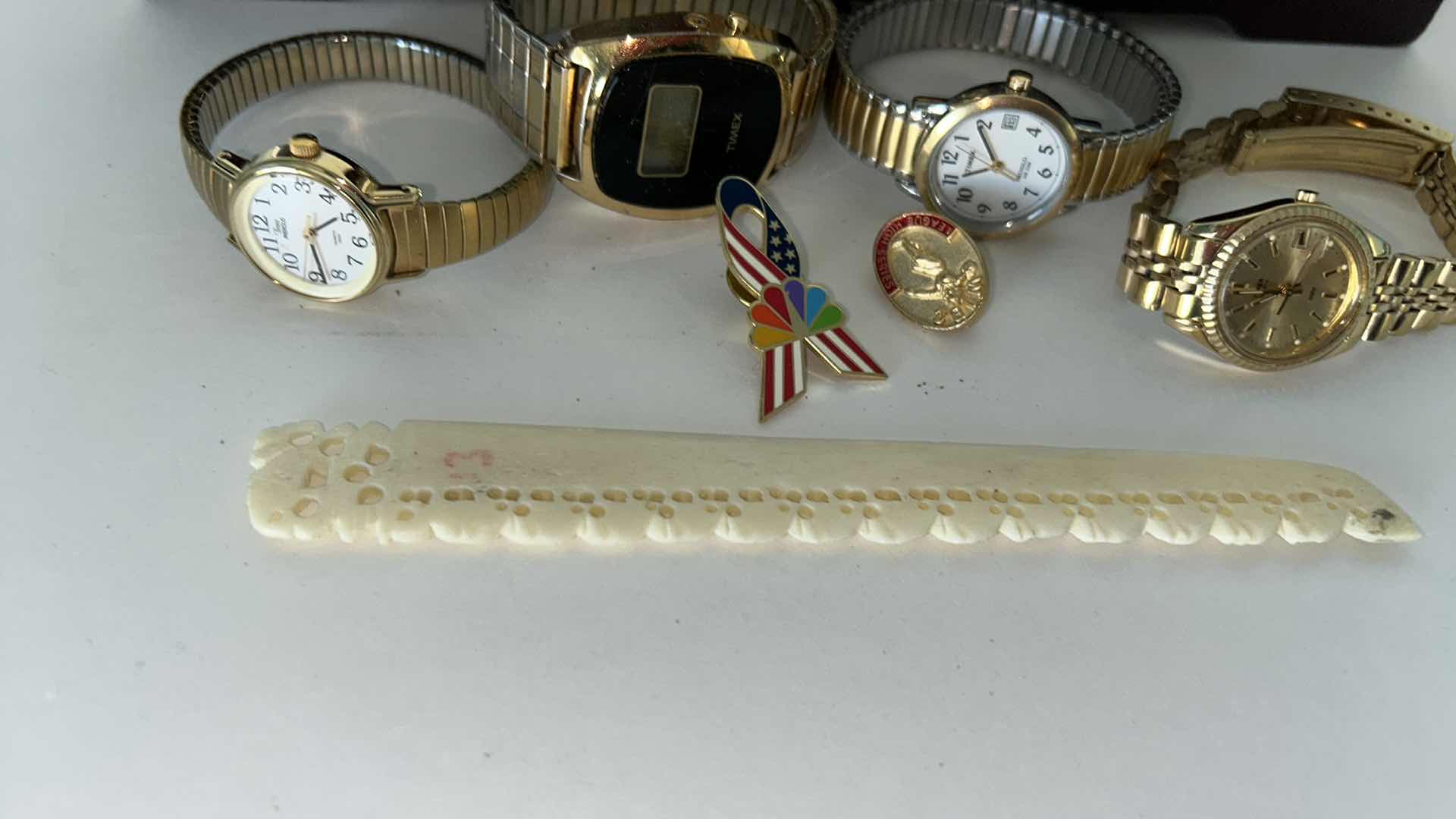 Photo 1 of JEWELRY BOX AND 4 TIMEX WATCHES + 2 PINS & MORE