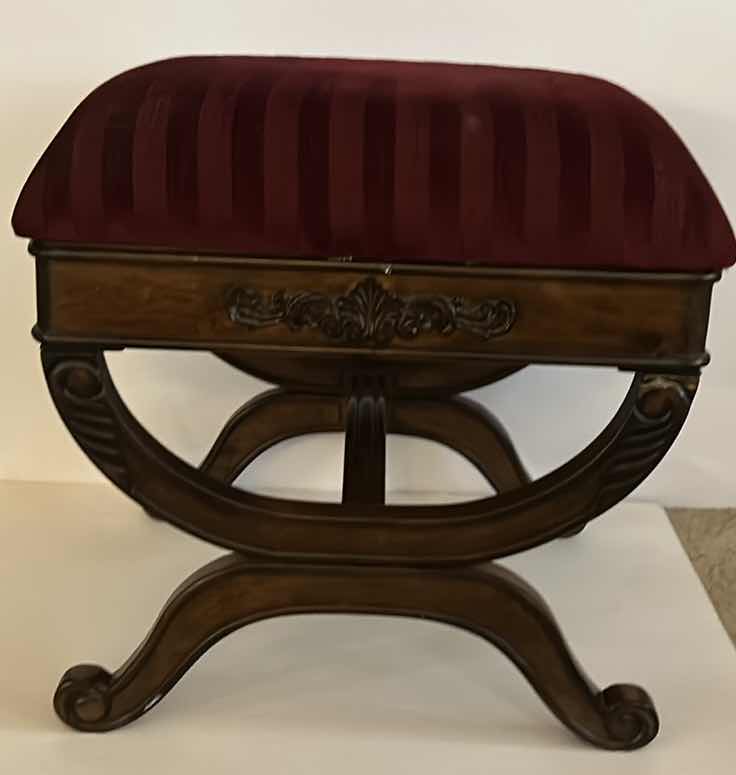 Photo 1 of VINTAGE CARVED WOOD BENCH WITH UPHOLSTERED TOP 22” x 19”