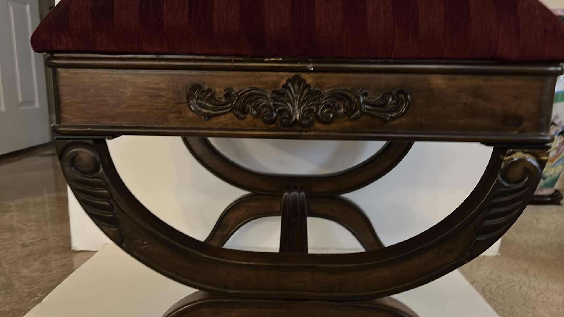 Photo 1 of VINTAGE CARVED WOOD BENCH WITH UPHOLSTERED TOP 22” x 19”