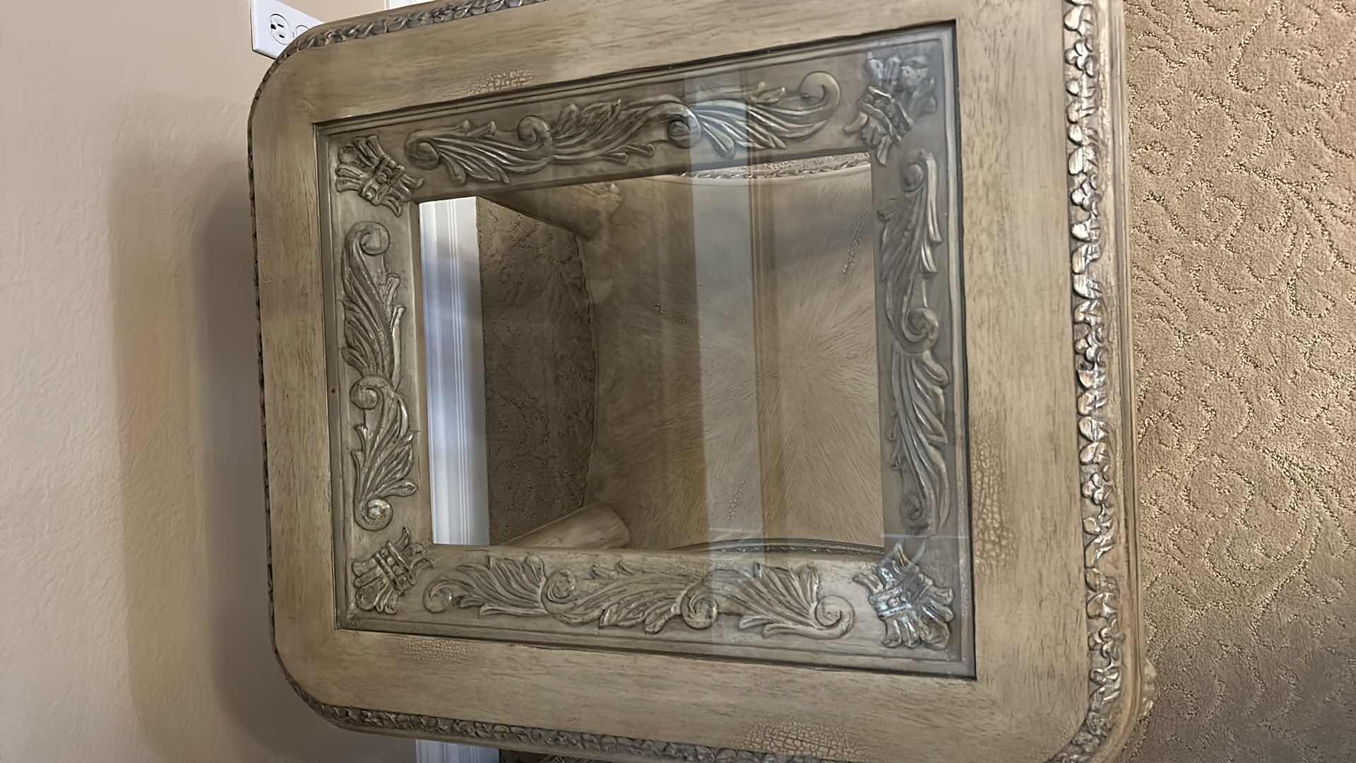 Photo 1 of VINTAGE ORNATELY CARVED GLASS TOP END TABLE 24” x 27” x 26