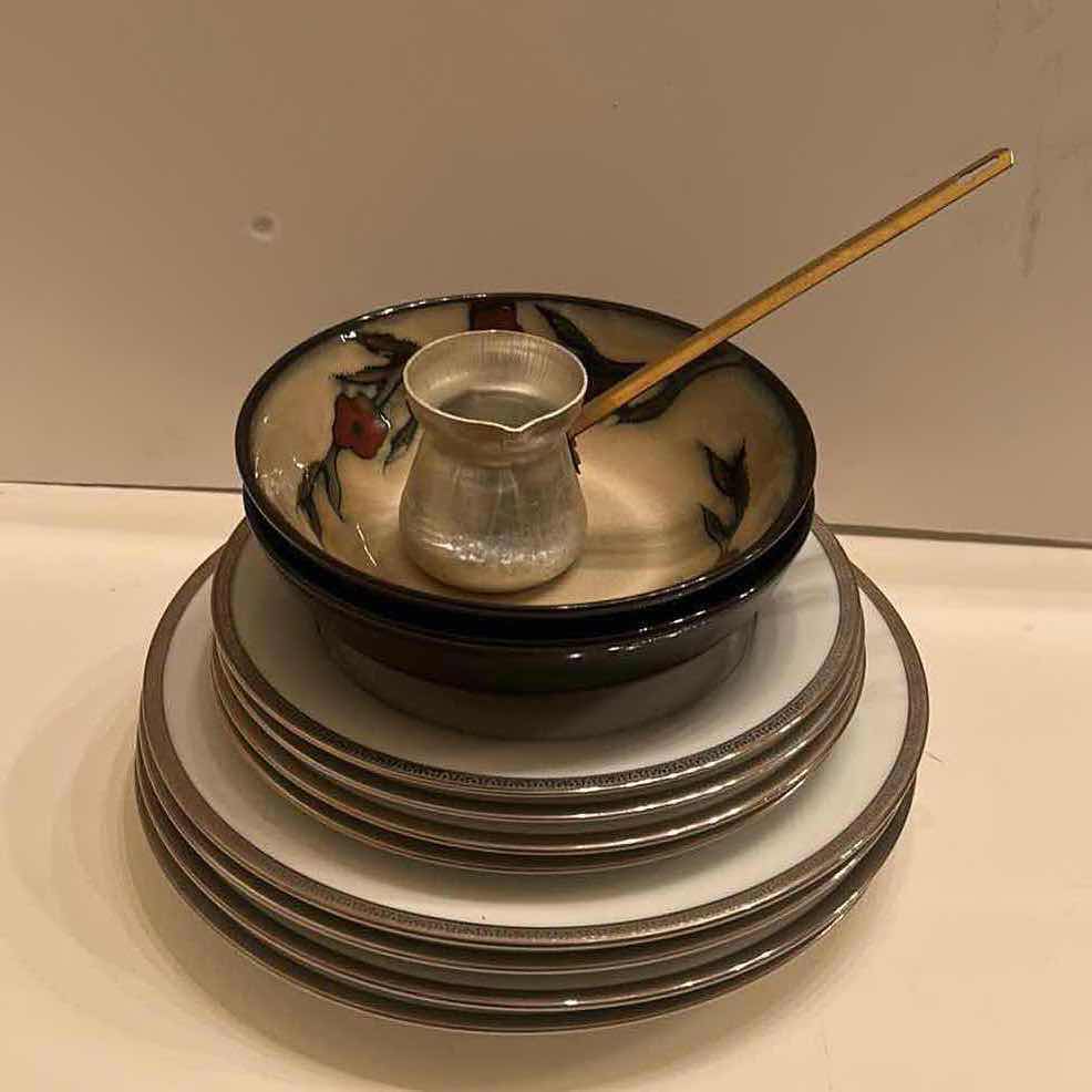 Photo 1 of KITCHEN ASSORTMENT 2 MIKASA BRIAR ROSE STONEWARE BOWLS, LADLE, 8 PLATES