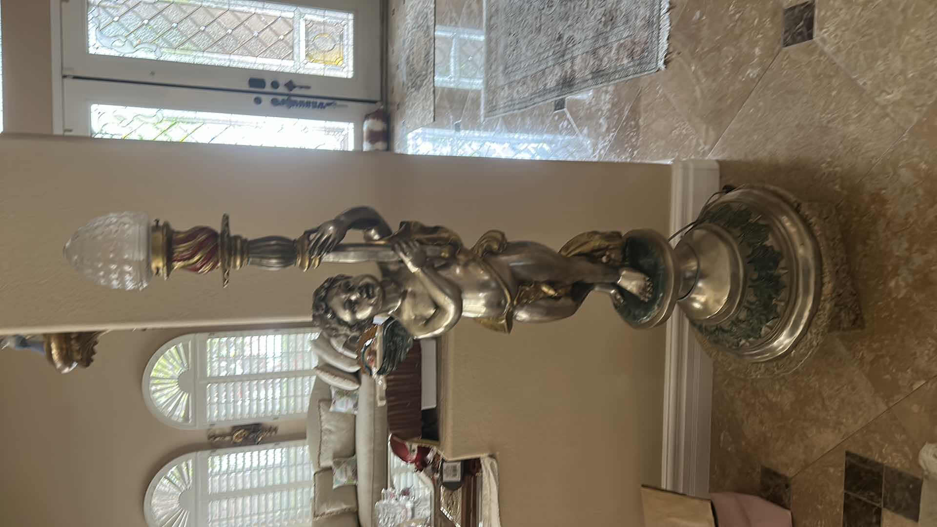 Photo 1 of ANTIQUE HEAVY METAL VICTORIAN CHERUB PEDESTAL LIGHTING FIXTURE ON MARBLE STAND H69”