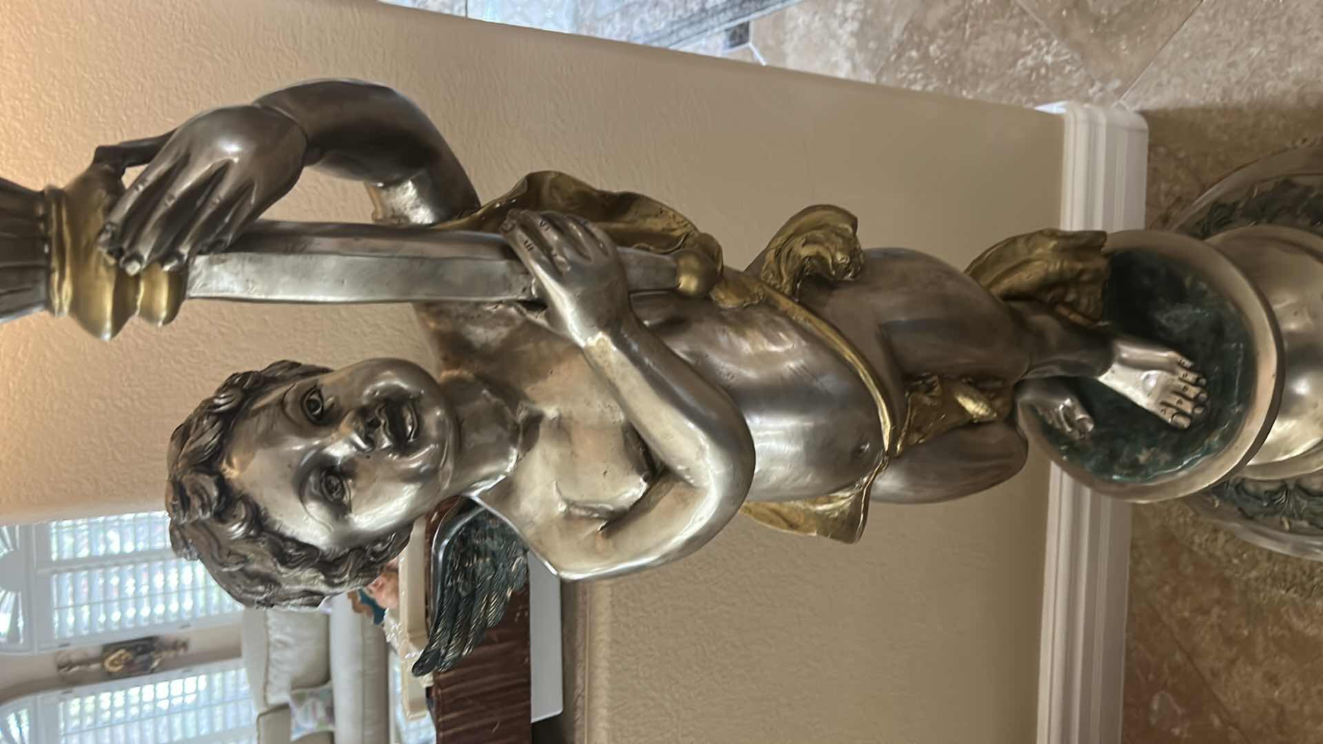 Photo 1 of ANTIQUE HEAVY METAL VICTORIAN CHERUB PEDESTAL LIGHTING FIXTURE ON MARBLE STAND H69”