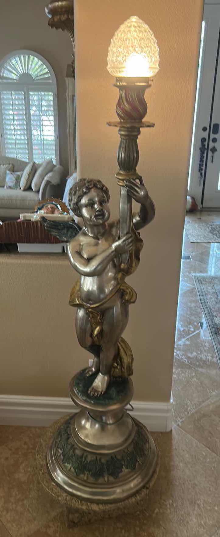 Photo 1 of ANTIQUE HEAVY METAL VICTORIAN CHERUB PEDESTAL LIGHTING FIXTURE ON MARBLE STAND H69”