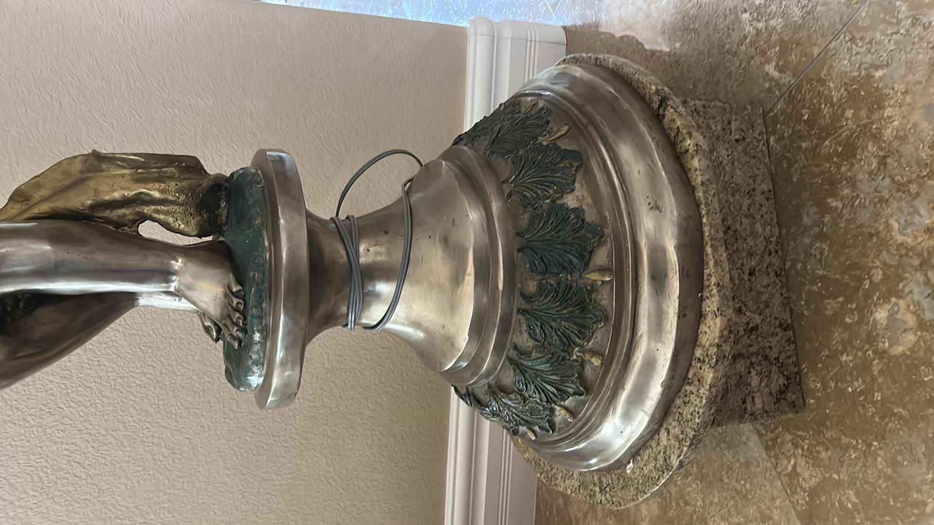 Photo 1 of ANTIQUE HEAVY METAL VICTORIAN CHERUB PEDESTAL LIGHTING FIXTURE ON MARBLE STAND H69”