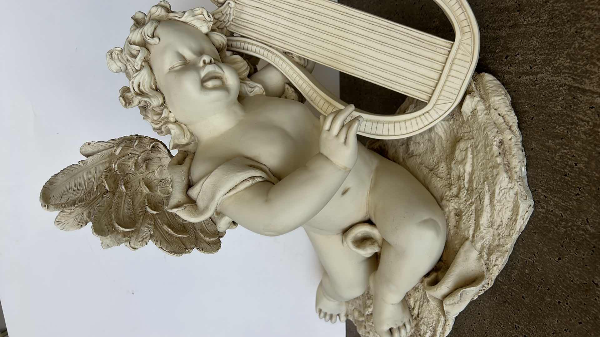 Photo 1 of PLASTER CHERUB PLAYING HARP FIGURINE 21 1/2” x 15” x 17”
