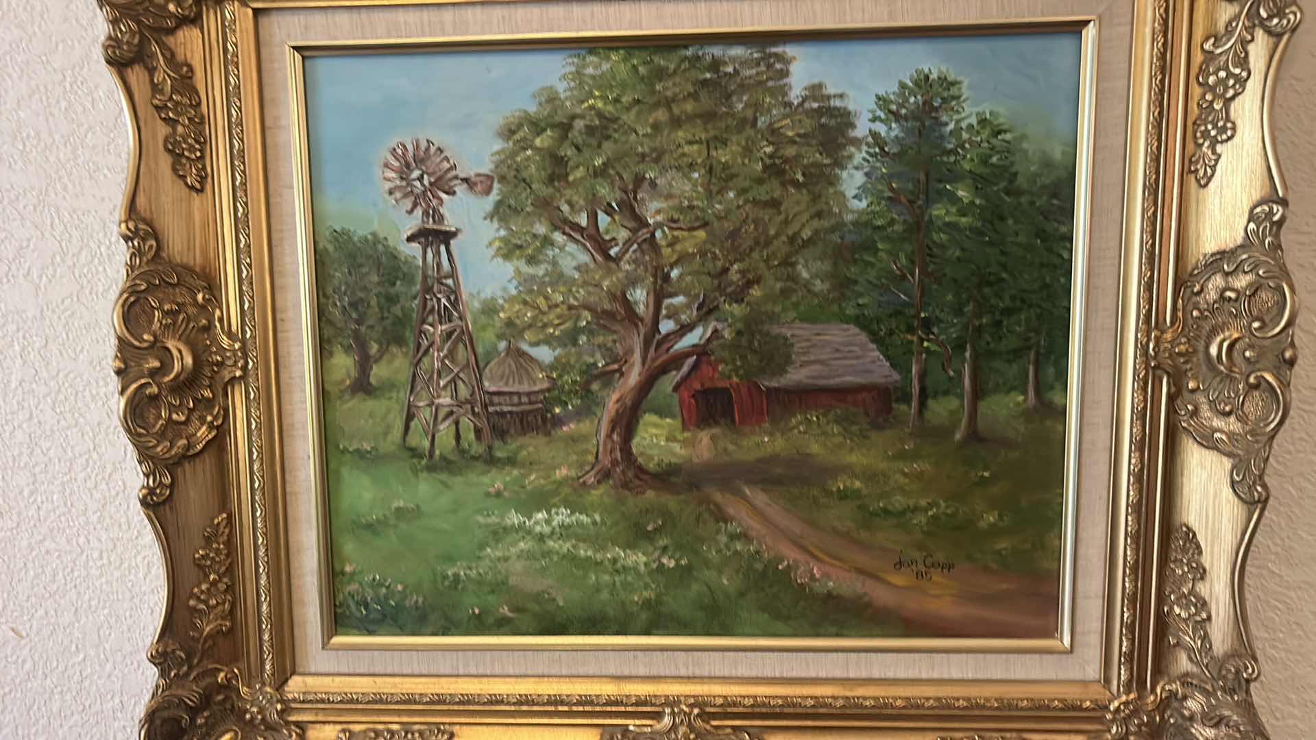 Photo 1 of SIGNED OIL ON CANVAS “RED BARN AND WINDMILL ORNATE GOLD FRAMED 28 1/2” x 25